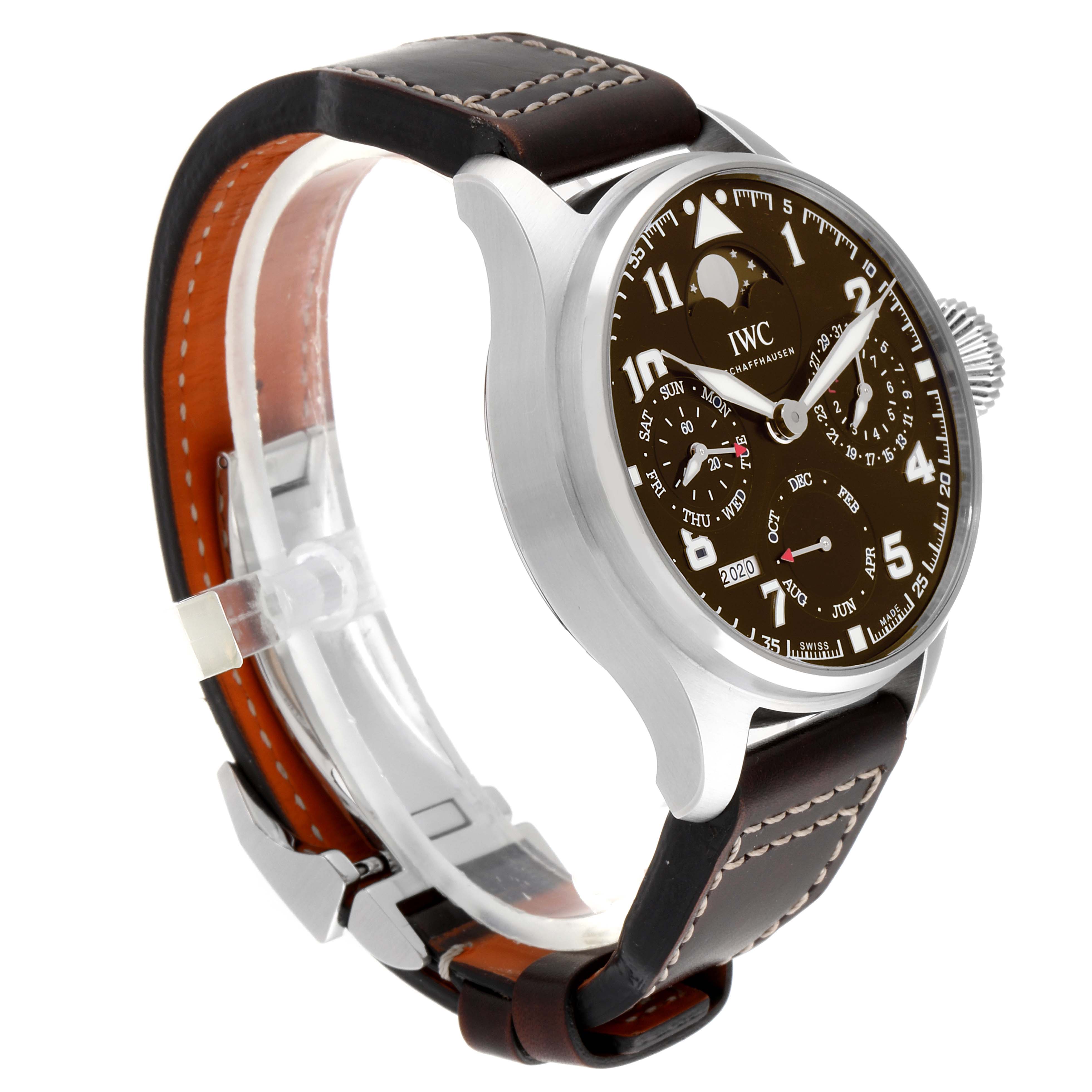 The image shows a side view of an IWC Pilot IW503801 Men
s Stainless Steel Brown Dial IW503801 Men
s Stainless Steel Brown Dial watch model, highlighting its brown dial and leather strap.