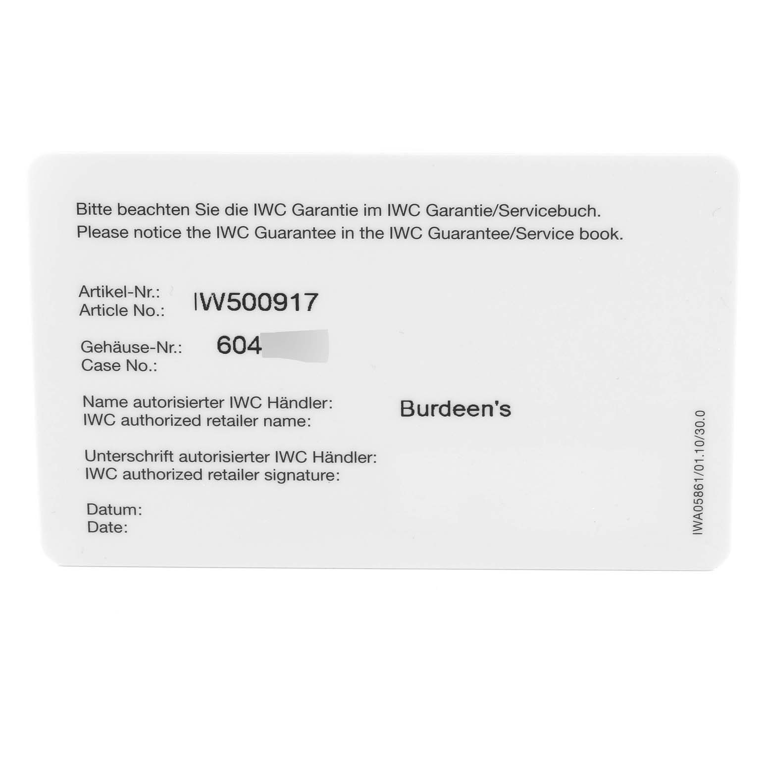 The image shows a warranty card for an IWC Pilot IW500917 Men's Rose Gold Grey Dial IW500917 Men's Rose Gold Grey Dial model with article number IW500917.