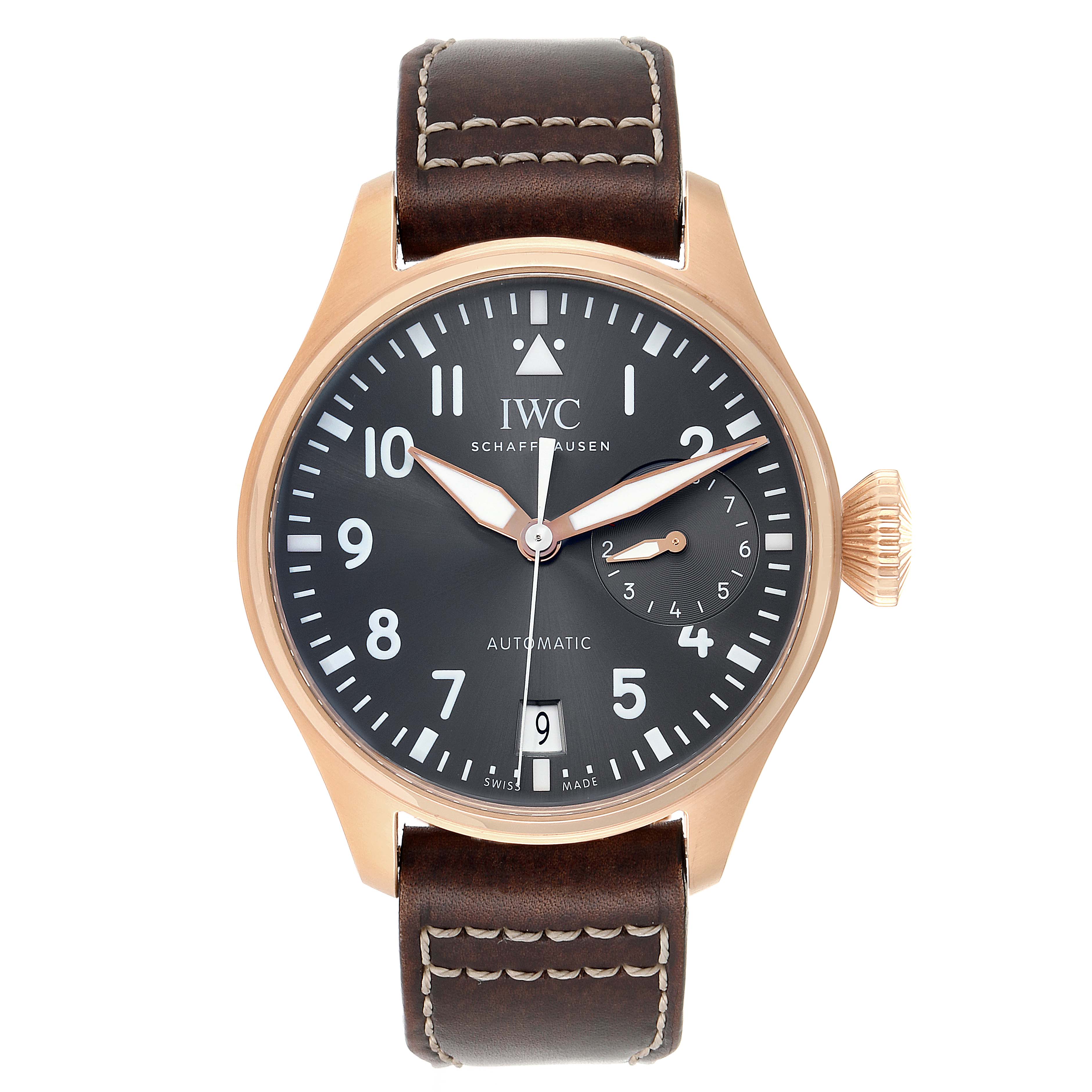 This image shows a front view of the IWC Pilot IW500917 Men's Rose Gold Grey Dial IW500917 Men's Rose Gold Grey Dial model watch, highlighting its face, dial, crown, and leather strap.