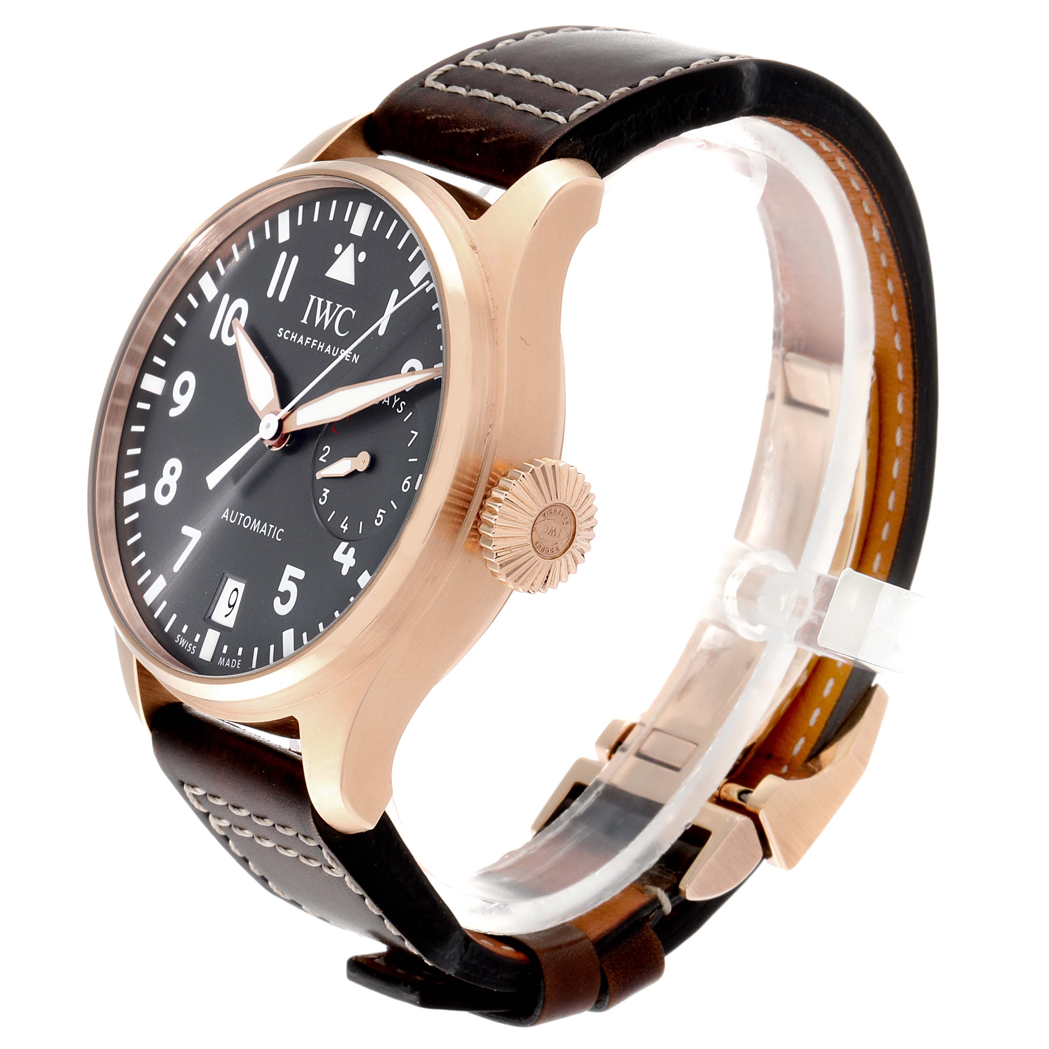 The image shows a side angle of an IWC Pilot IW500917 Men's Rose Gold Grey Dial IW500917 Men's Rose Gold Grey Dial model watch, highlighting its face, crown, and leather strap.