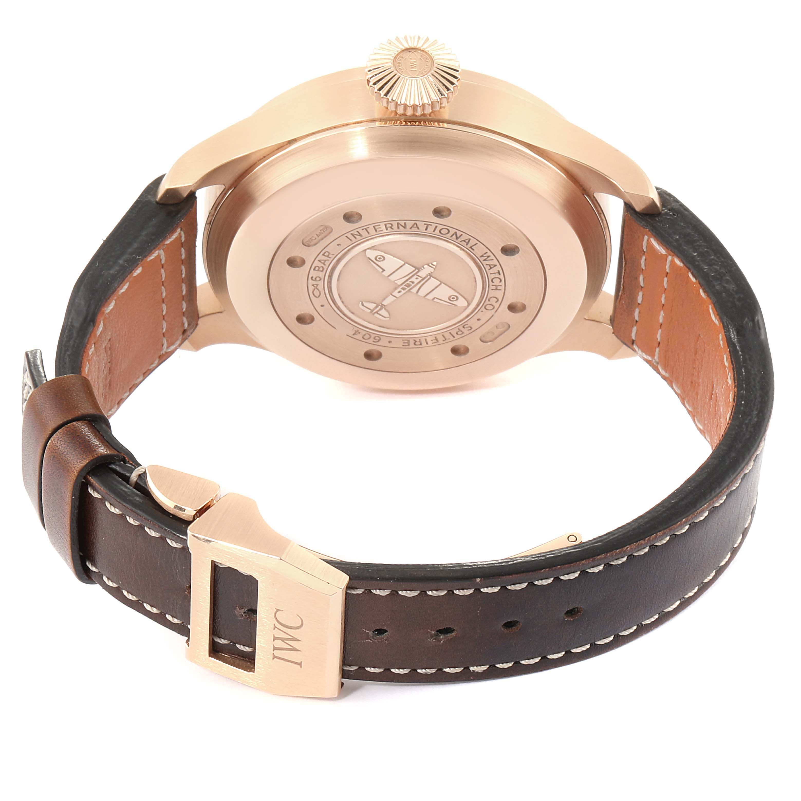 This image shows the back case and leather strap of the IWC Pilot IW500917 Men's Rose Gold Grey Dial IW500917 Men's Rose Gold Grey Dial model watch from a rear angle.