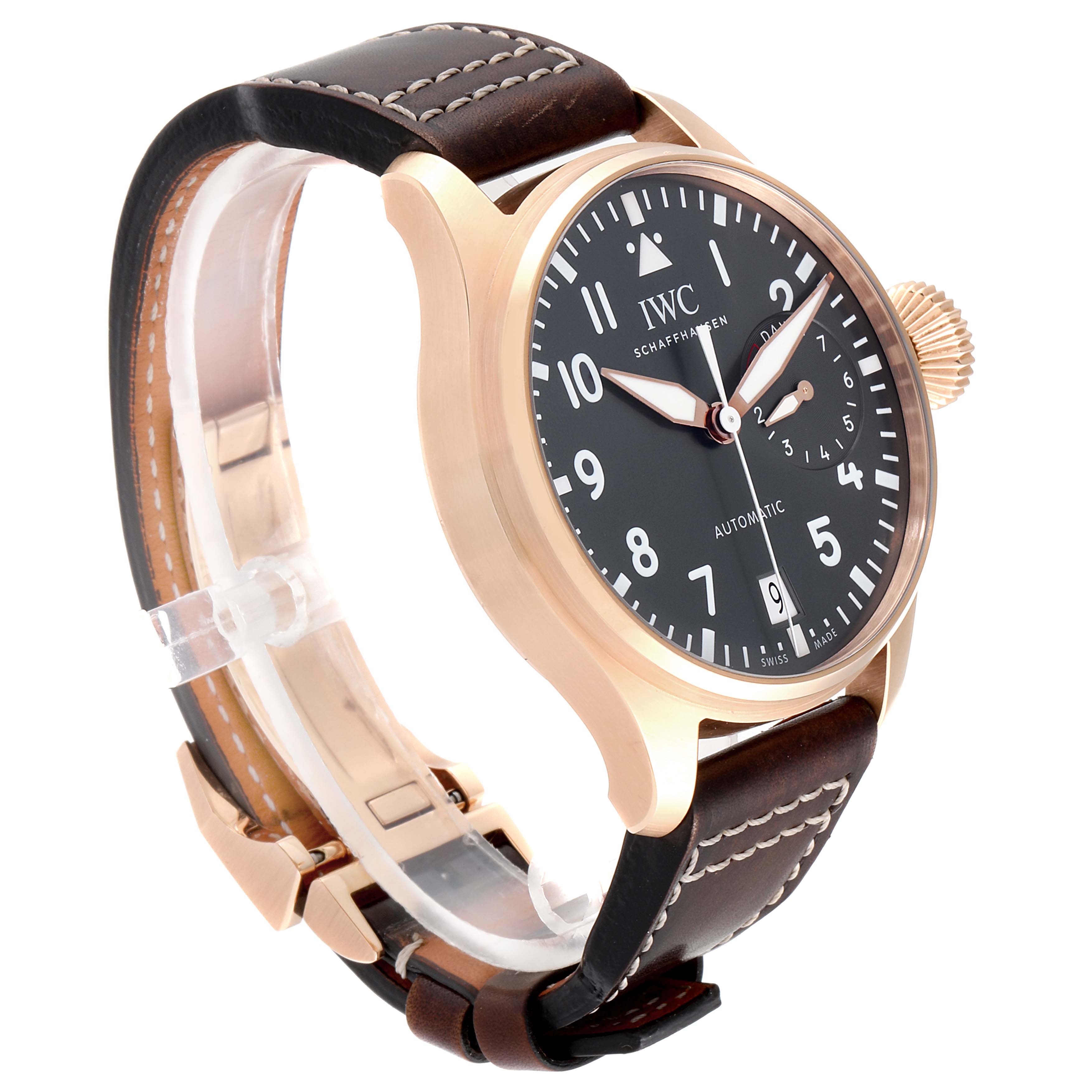 The image shows an IWC Pilot IW500917 Men's Rose Gold Grey Dial IW500917 Men's Rose Gold Grey Dial watch at an oblique angle, highlighting the face, bezel, and leather strap with stitching.