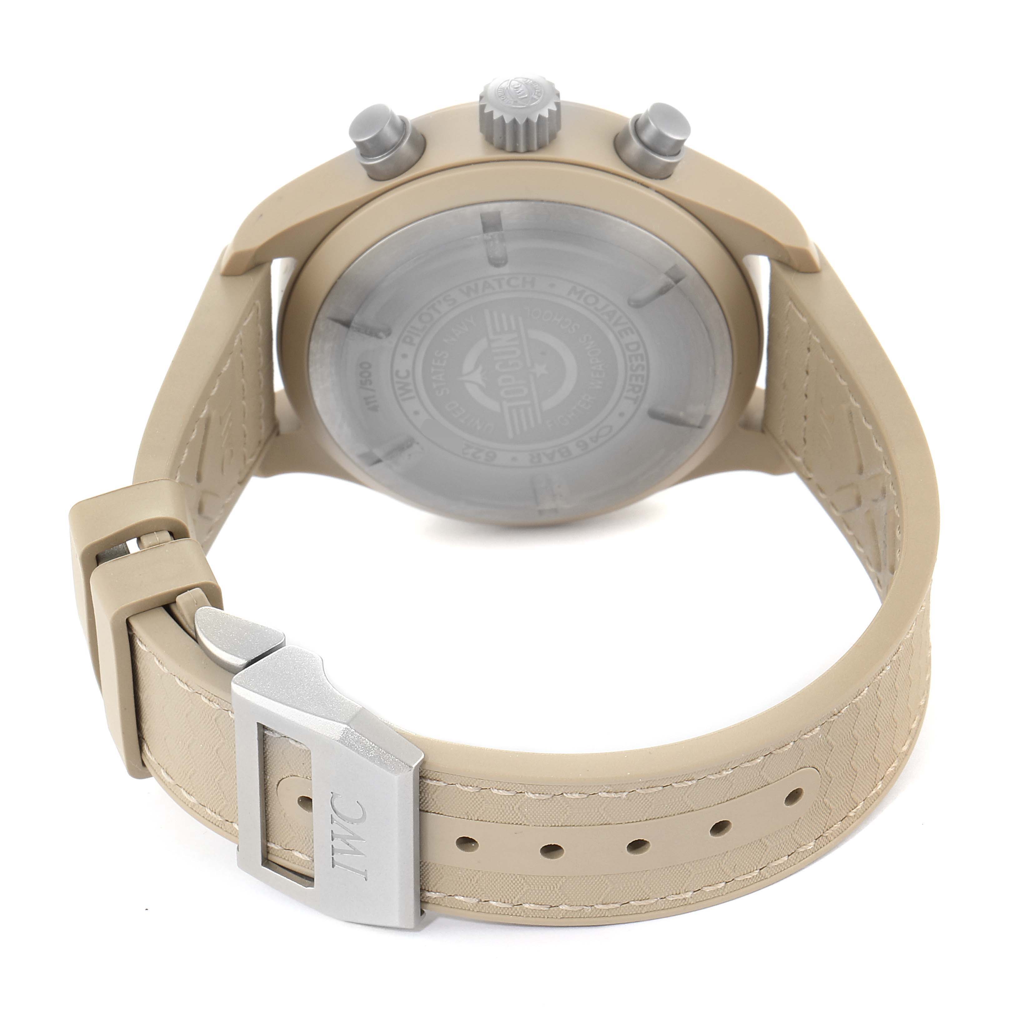 The image shows the back case, crown, buttons, and strap of an IWC Pilot IW389103 Men's Titanium Brown Dial IW389103 Men's Titanium Brown Dial model watch from a rear angle.