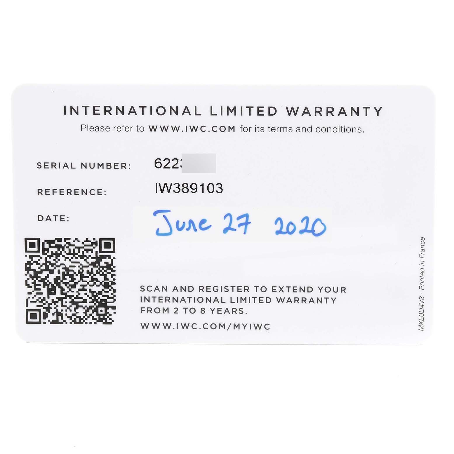 The image shows an IWC Pilot IW389103 Men's Titanium Brown Dial IW389103 Men's Titanium Brown Dial model warranty card, displaying the serial number, reference number (IW389103), and purchase date.