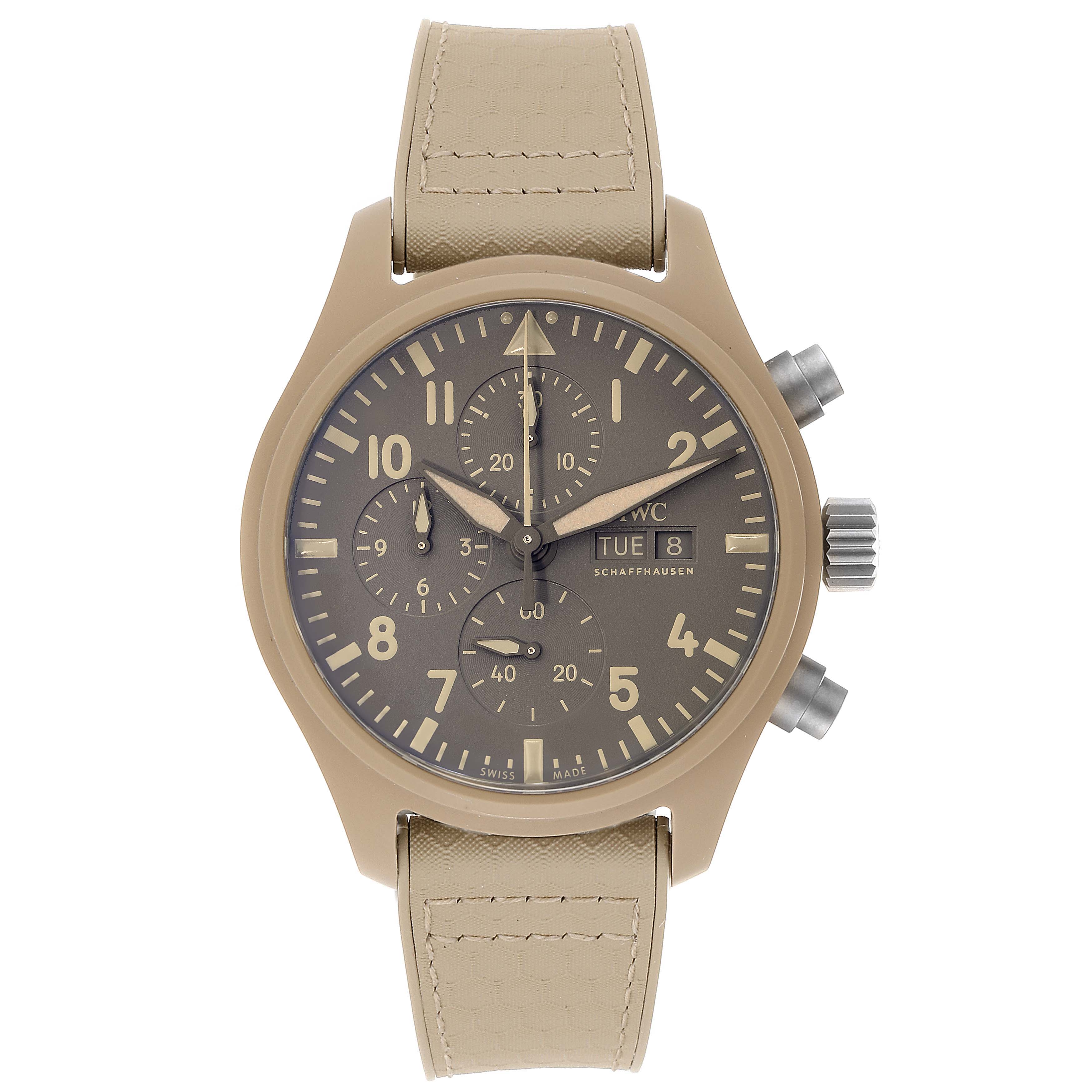 The image shows the front view of the IWC Pilot IW389103 Men's Titanium Brown Dial IW389103 Men's Titanium Brown Dial watch model, displaying its face, dial, strap, and crown.