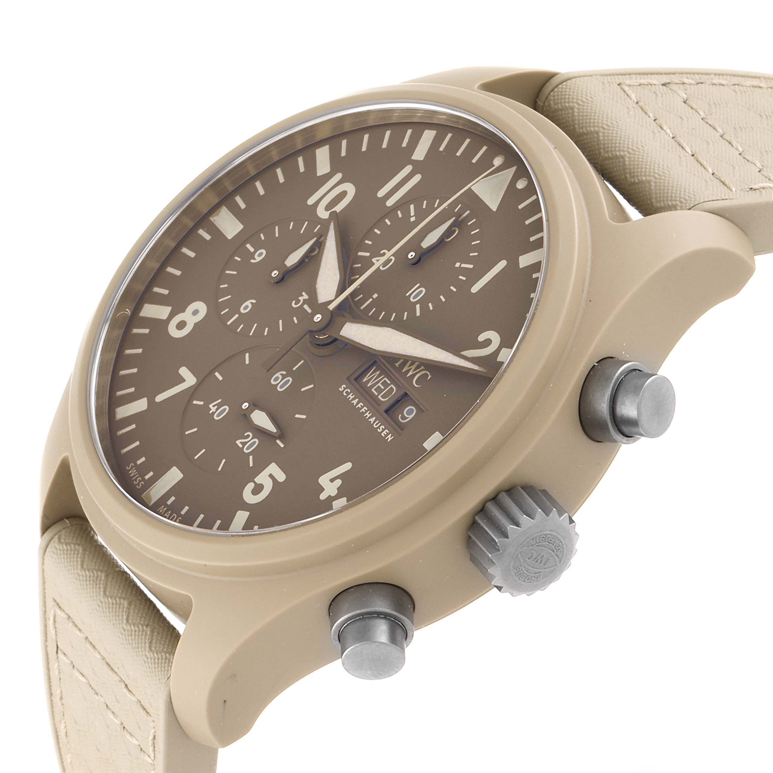 The image shows a side and partial front view of an IWC Pilot IW389103 Men's Titanium Brown Dial IW389103 Men's Titanium Brown Dial model watch, highlighting its dial, crown, and pushers.