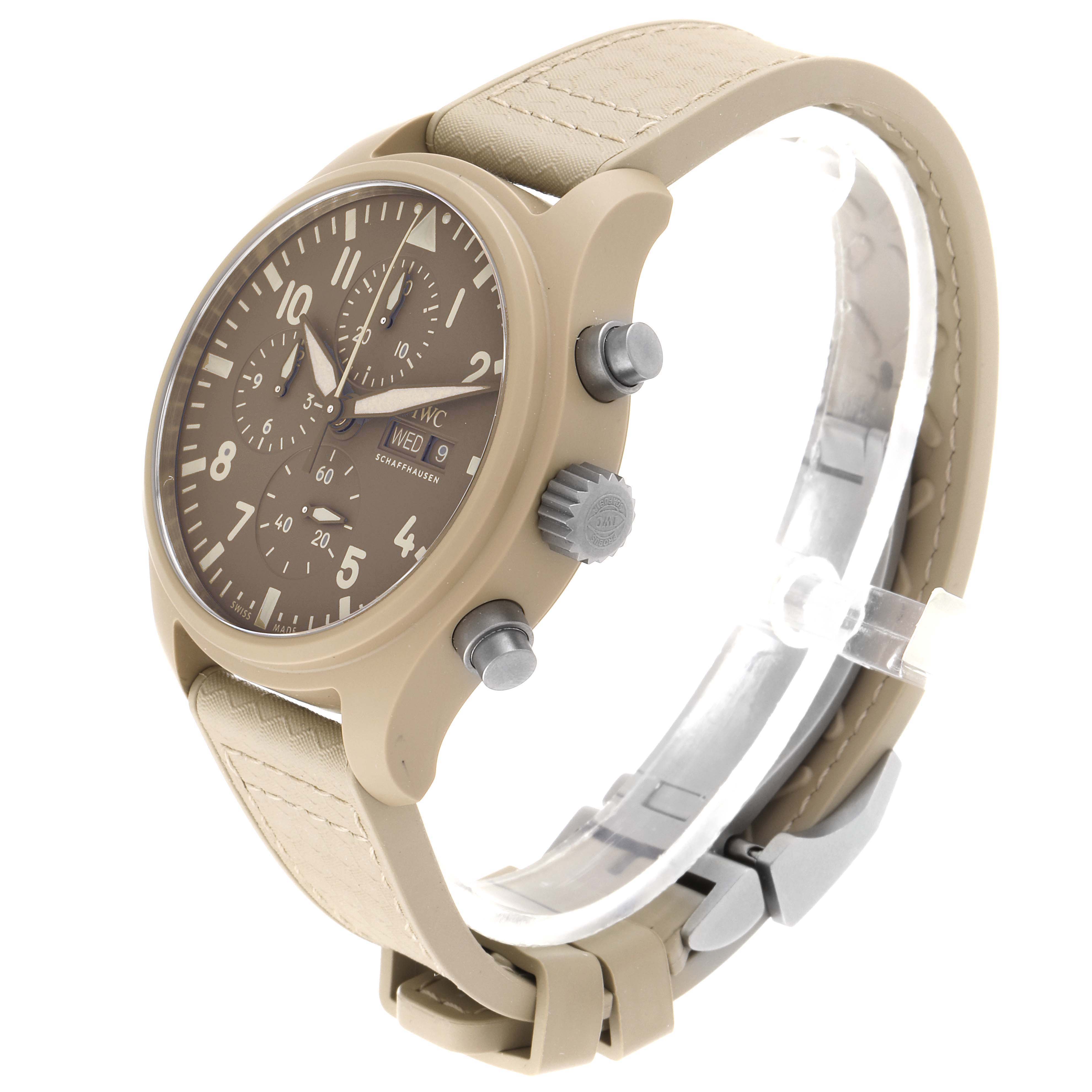 The IWC Pilot IW389103 Men's Titanium Brown Dial IW389103 Men's Titanium Brown Dial watch model is shown from a three-quarter angle, highlighting its face, chronograph buttons, and strap.