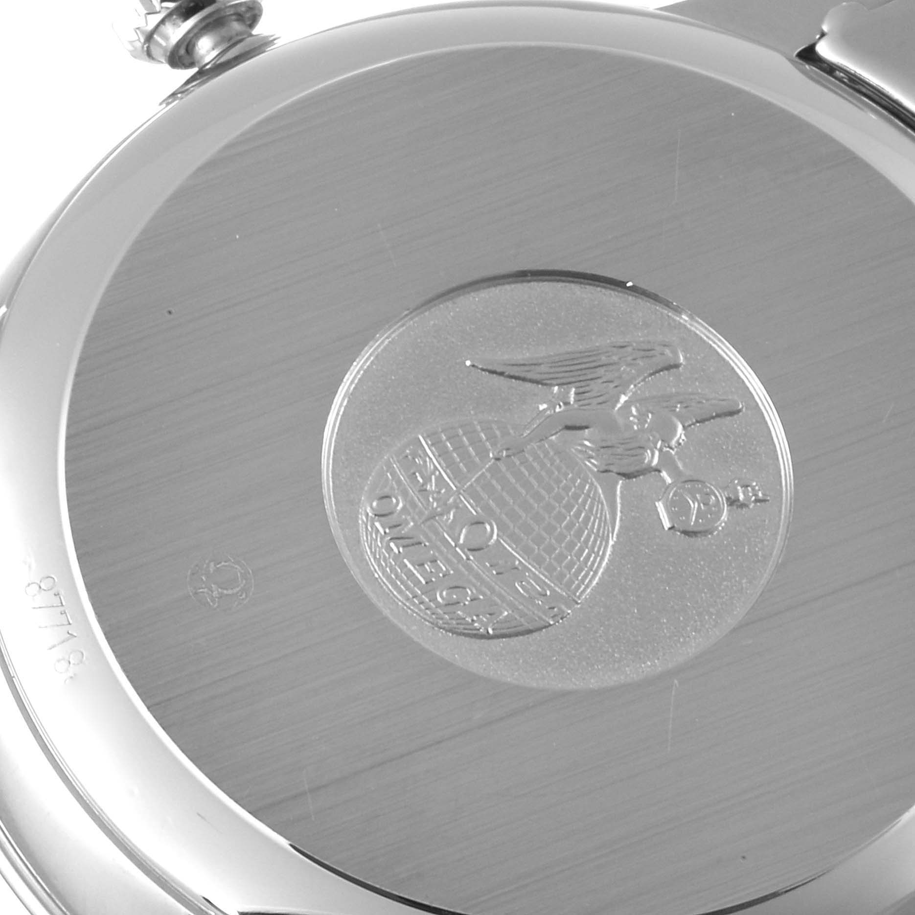 This is a close-up image of the case back of an Omega De Ville 424.10.40.20.03.002 Men's Stainless Steel Blue Dial 424.10.40.20.03.002 Men's Stainless Steel Blue Dial watch, showcasing its engraved emblem.