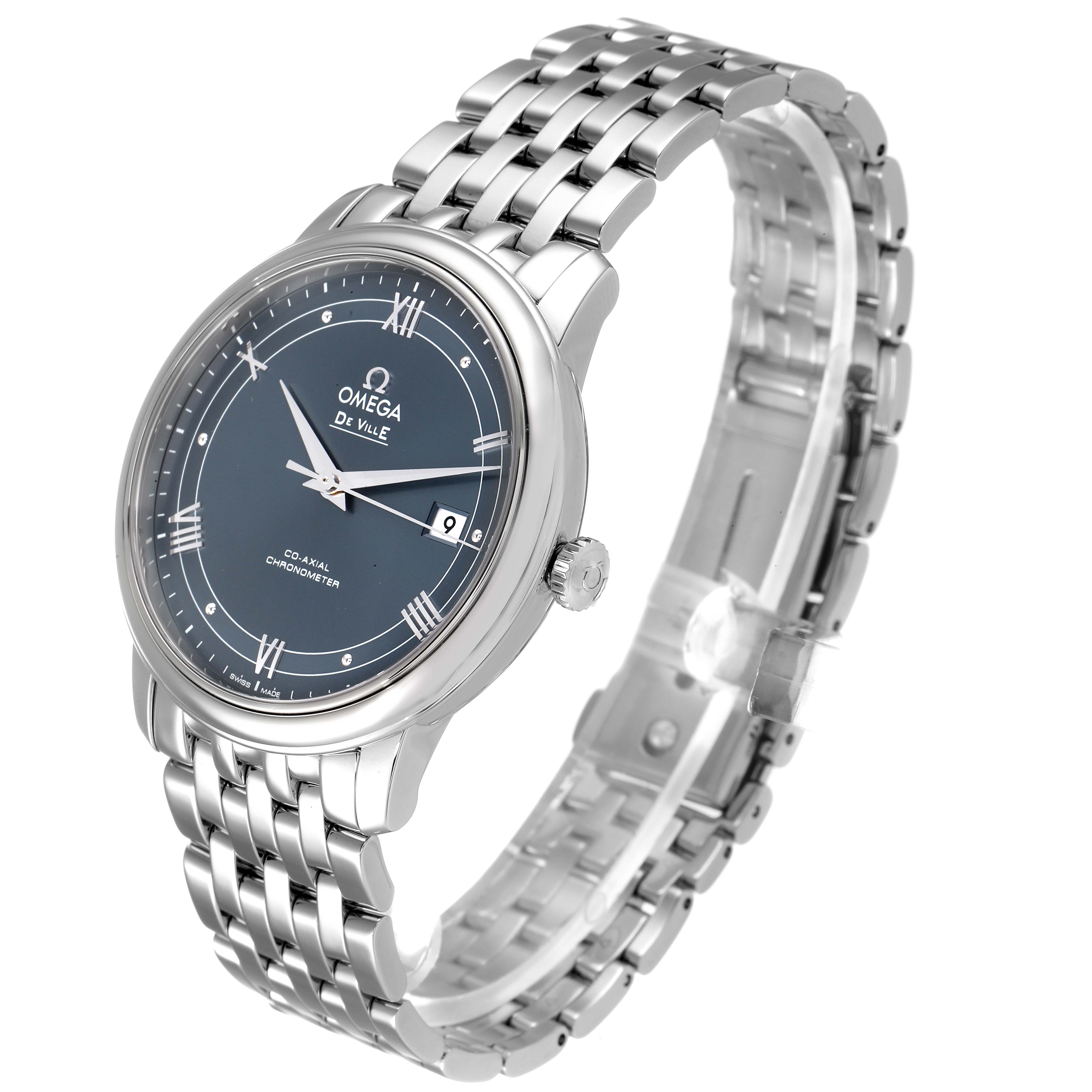 The image shows an Omega De Ville 424.10.40.20.03.002 Men's Stainless Steel Blue Dial 424.10.40.20.03.002 Men's Stainless Steel Blue Dial watch displayed at a 3/4 angle, highlighting the face, bezel, crown, and bracelet.