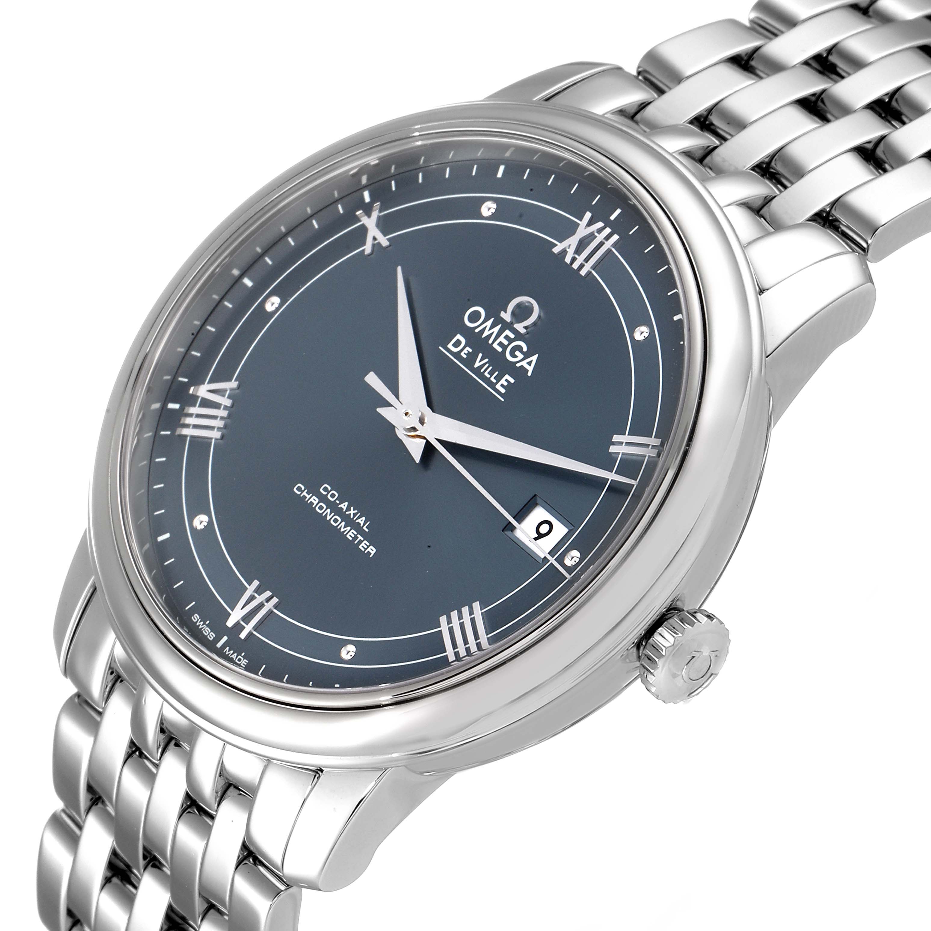 The Omega De Ville 424.10.40.20.03.002 Men's Stainless Steel Blue Dial 424.10.40.20.03.002 Men's Stainless Steel Blue Dial watch is shown at an angle highlighting the face, crown, and part of the metal bracelet.
