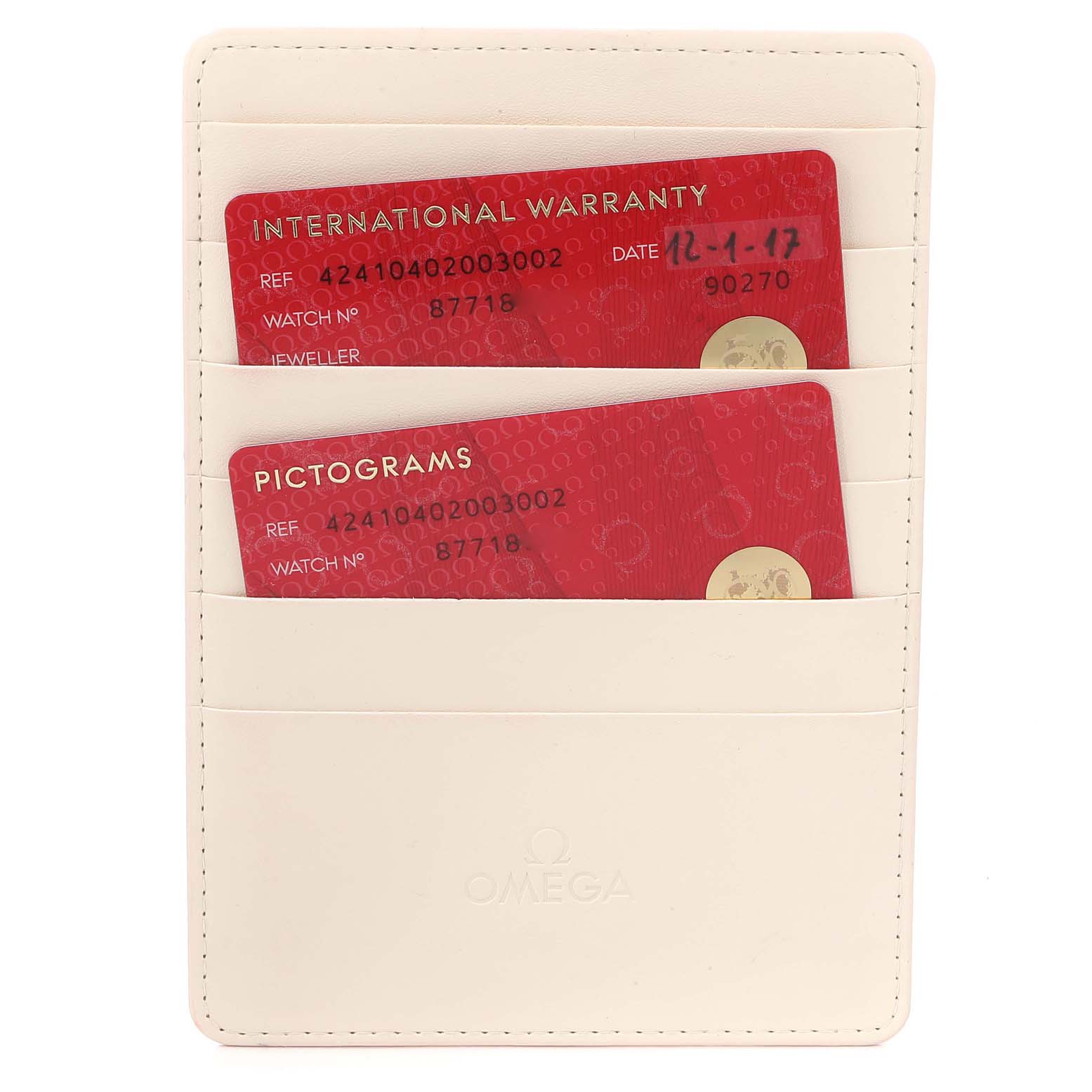 The image shows international warranty and pictograms cards for the Omega De Ville 424.10.40.20.03.002 Men's Stainless Steel Blue Dial 424.10.40.20.03.002 Men's Stainless Steel Blue Dial watch in a white cardholder.