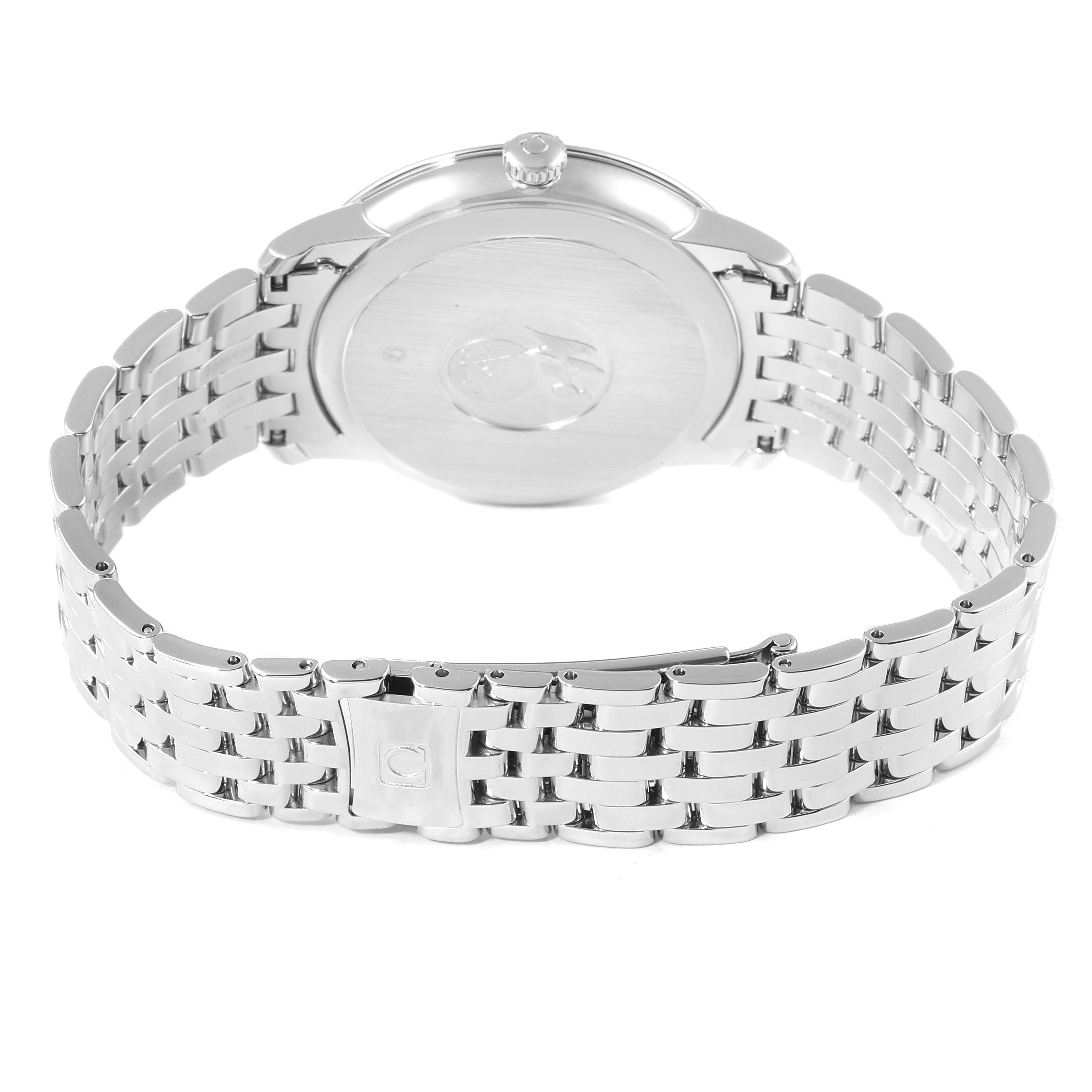 The image shows the back view of the Omega De Ville 424.10.40.20.03.002 Men's Stainless Steel Blue Dial 424.10.40.20.03.002 Men's Stainless Steel Blue Dial watch, highlighting its bracelet and clasp.