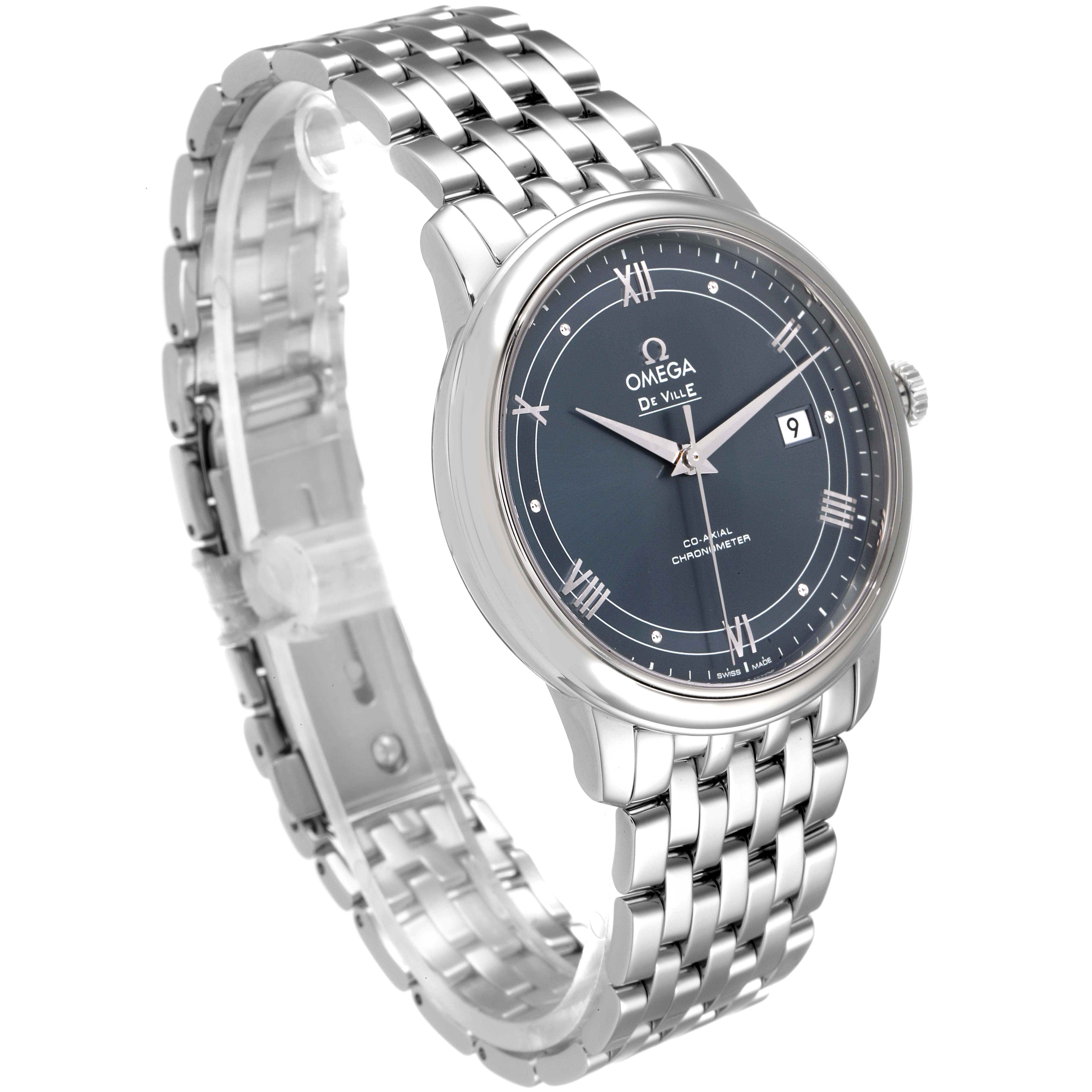 This Omega De Ville 424.10.40.20.03.002 Men's Stainless Steel Blue Dial 424.10.40.20.03.002 Men's Stainless Steel Blue Dial watch is shown at a three-quarter angle, displaying its blue dial, stainless steel case, and bracelet.