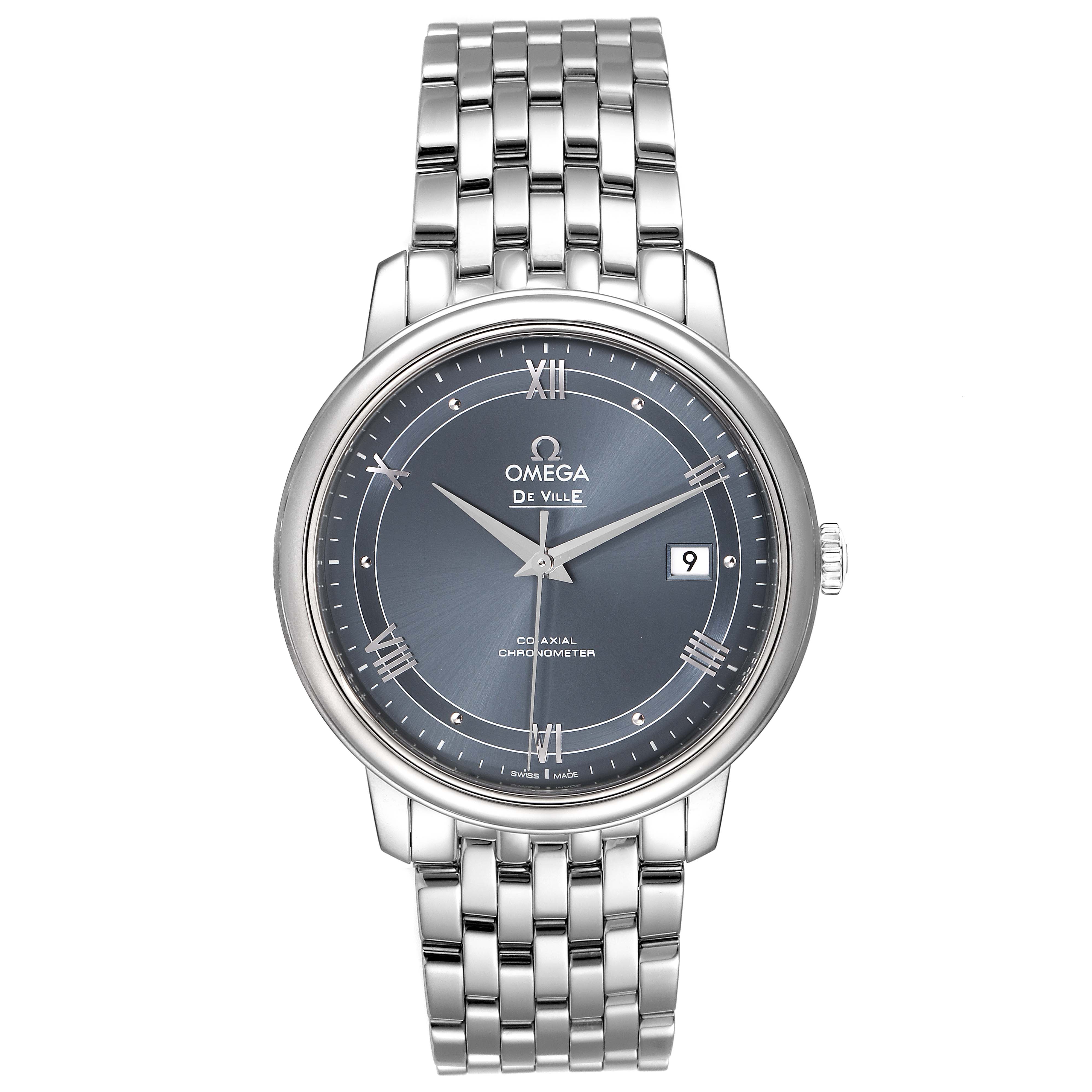 The image shows a frontal view of the Omega De Ville 424.10.40.20.03.002 Men's Stainless Steel Blue Dial 424.10.40.20.03.002 Men's Stainless Steel Blue Dial watch with a blue dial and metal bracelet.