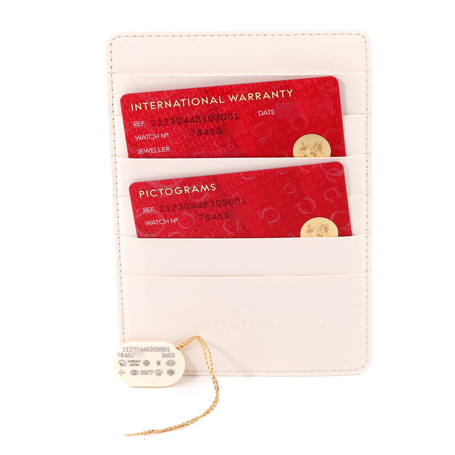 The image shows warranty cards and a tag for the Omega Seamaster 212.30.44.52.03.001 Men's Stainless Steel Blue Dial 212.30.44.52.03.001 Men's Stainless Steel Blue Dial, presented in a white cardholder.