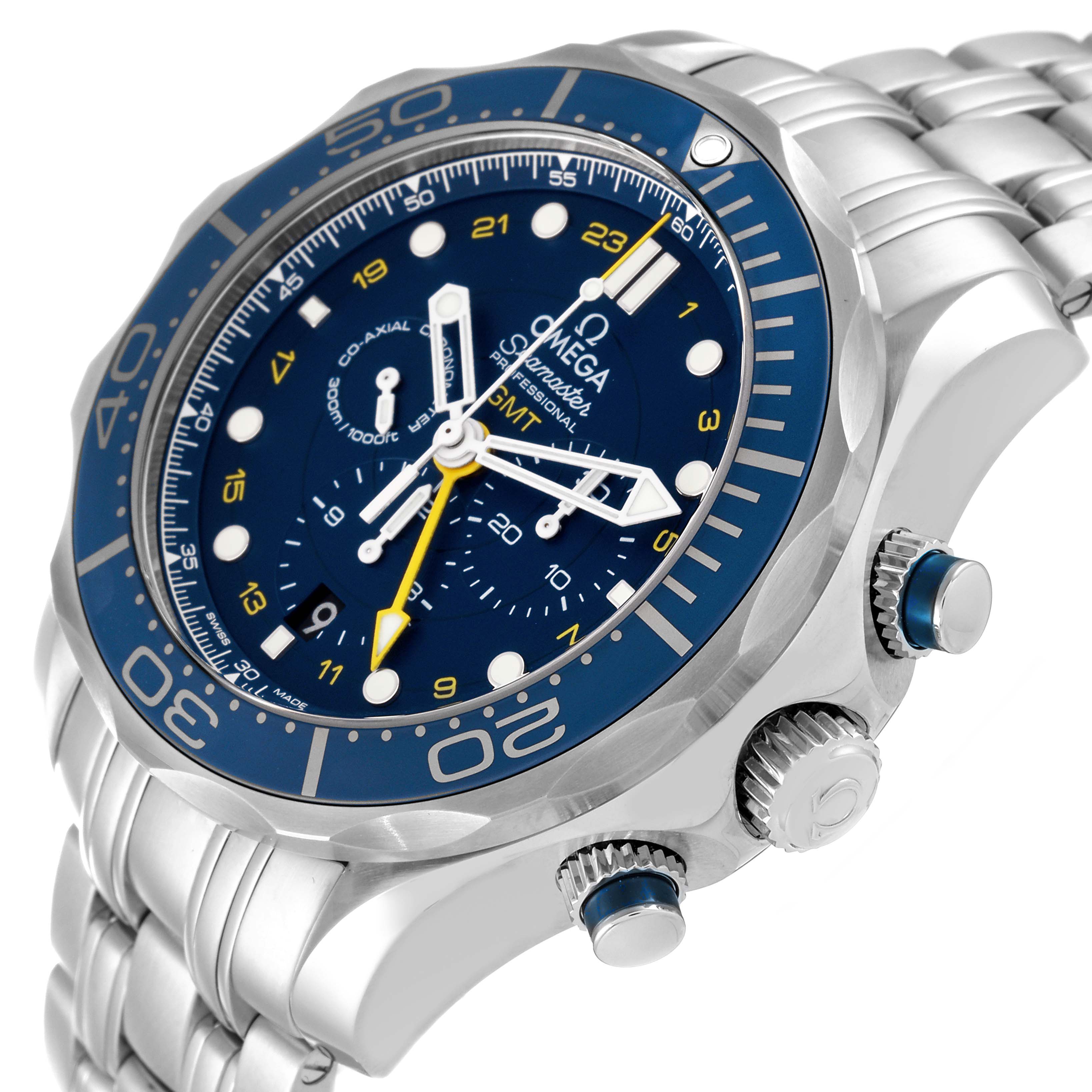 The image shows a side-angle view of an Omega Seamaster 212.30.44.52.03.001 Men's Stainless Steel Blue Dial 212.30.44.52.03.001 Men's Stainless Steel Blue Dial watch highlighting its face, bezel, crown, and pushers.