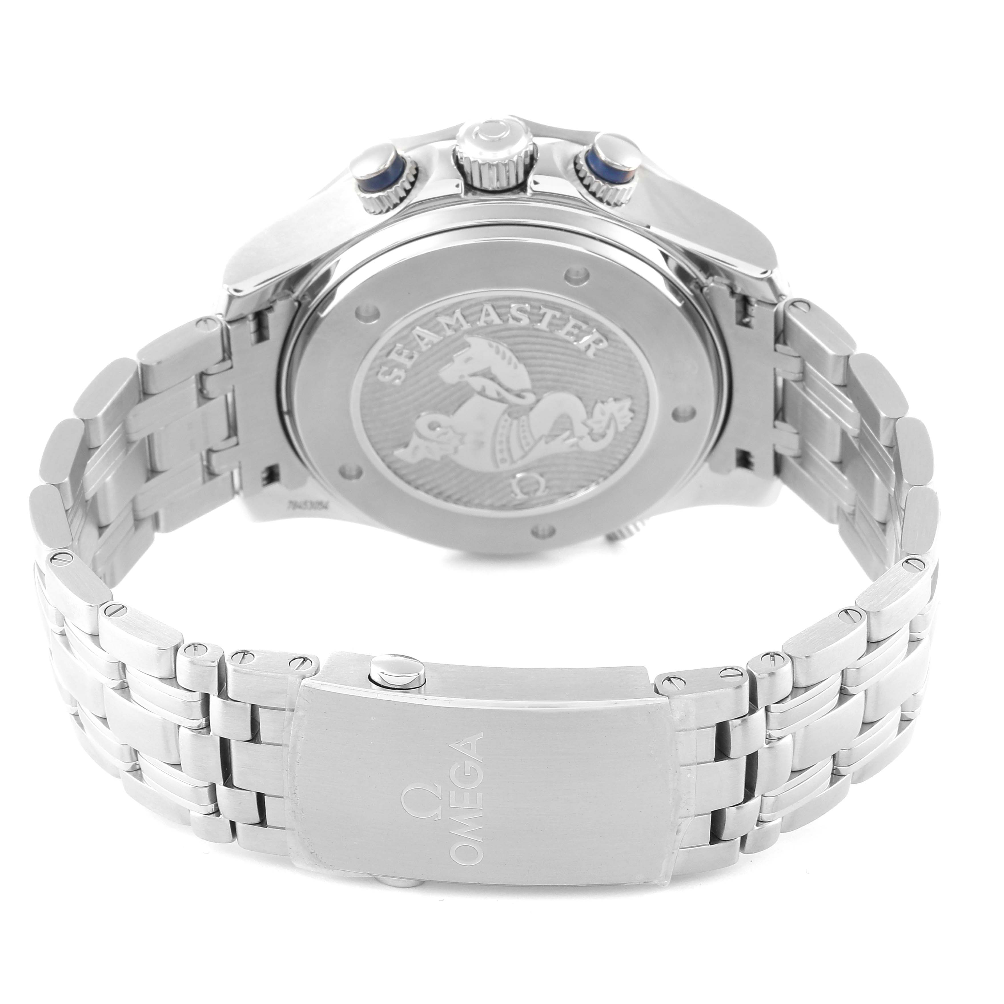This image shows the back case and stainless steel bracelet of an Omega Seamaster 212.30.44.52.03.001 Men's Stainless Steel Blue Dial 212.30.44.52.03.001 Men's Stainless Steel Blue Dial watch from a rear angle.