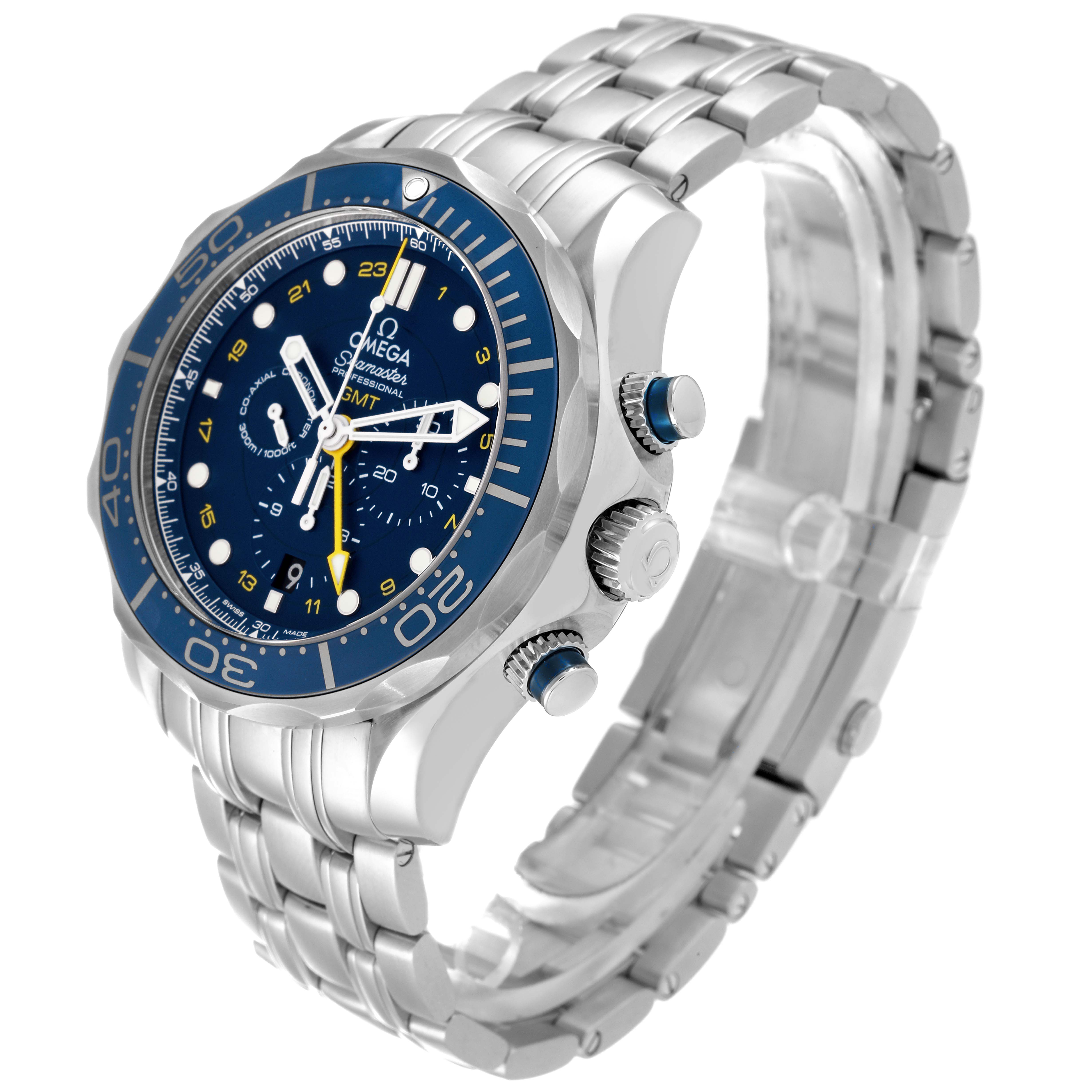 The Omega Seamaster 212.30.44.52.03.001 Men's Stainless Steel Blue Dial 212.30.44.52.03.001 Men's Stainless Steel Blue Dial watch is shown at a tilted angle, highlighting the blue dial, bezel, and stainless steel bracelet.