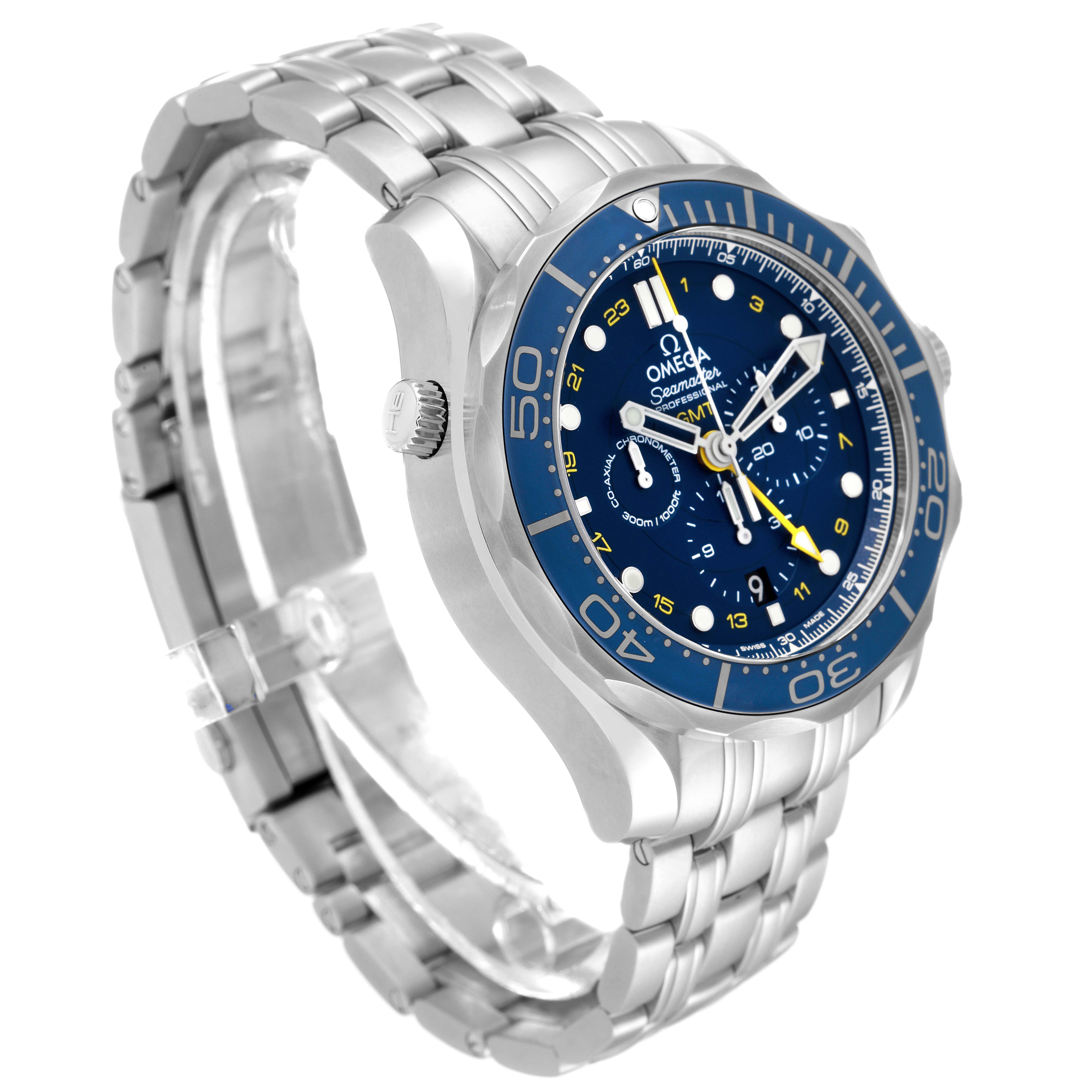 The image shows a side and partial front angle of an Omega Seamaster 212.30.44.52.03.001 Men's Stainless Steel Blue Dial 212.30.44.52.03.001 Men's Stainless Steel Blue Dial watch, highlighting its blue dial, stainless steel bracelet, and bezel.