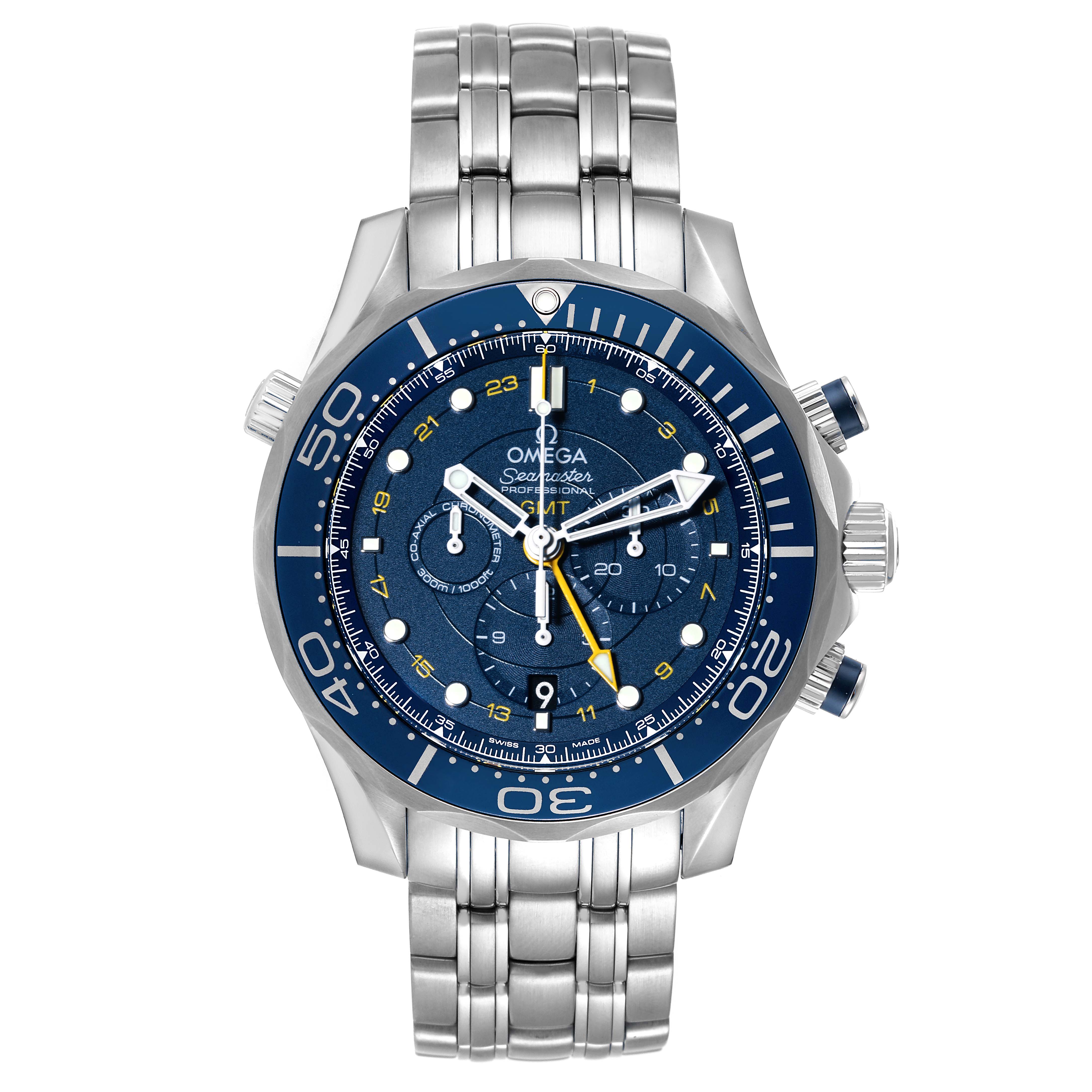 The Omega Seamaster 212.30.44.52.03.001 Men's Stainless Steel Blue Dial 212.30.44.52.03.001 Men's Stainless Steel Blue Dial watch is shown from a front angle, highlighting its blue dial, bezel, and stainless steel bracelet.