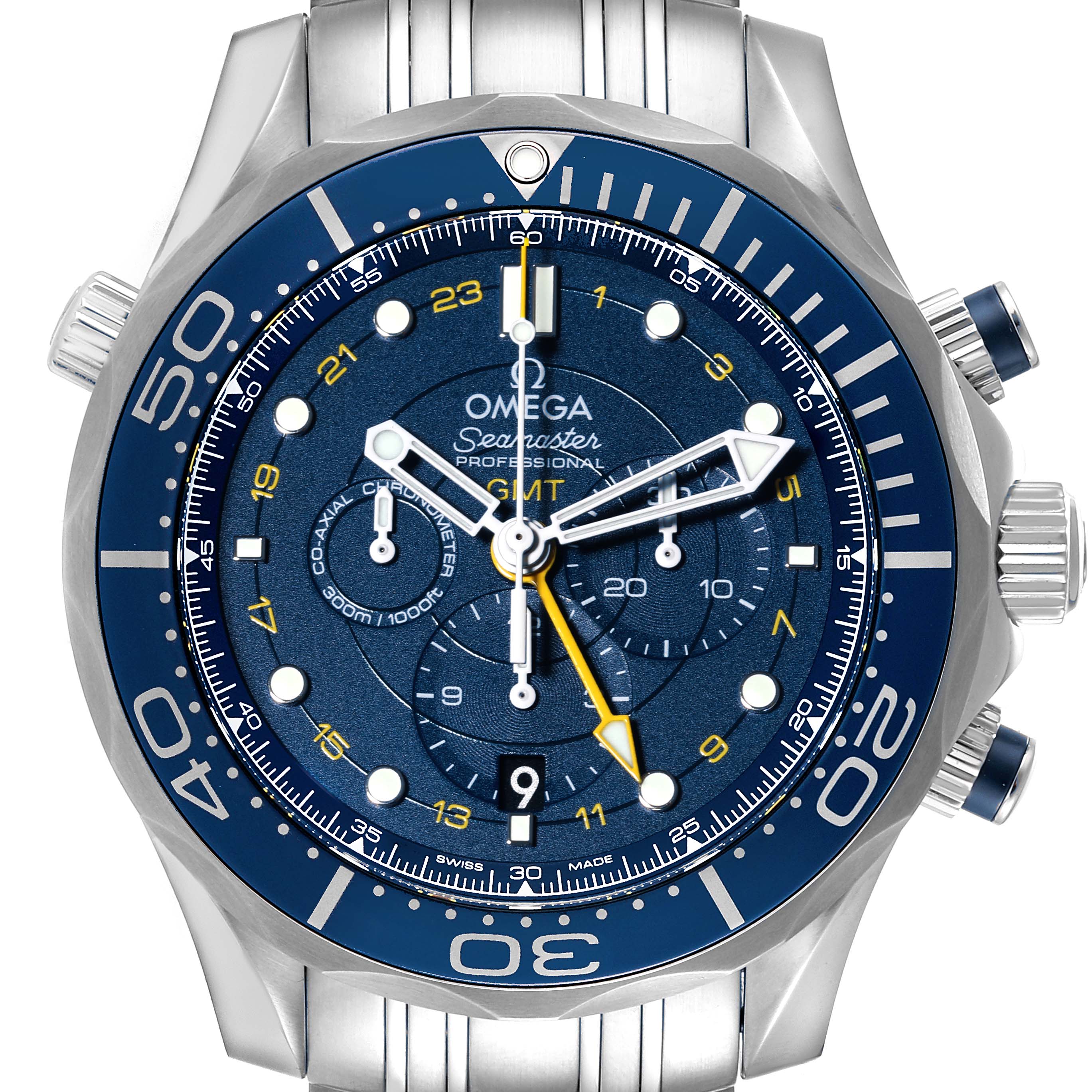 The image shows a front view of the Omega Seamaster 212.30.44.52.03.001 Men's Stainless Steel Blue Dial 212.30.44.52.03.001 Men's Stainless Steel Blue Dial Professional GMT watch, highlighting its dial, bezel, and bracelet.