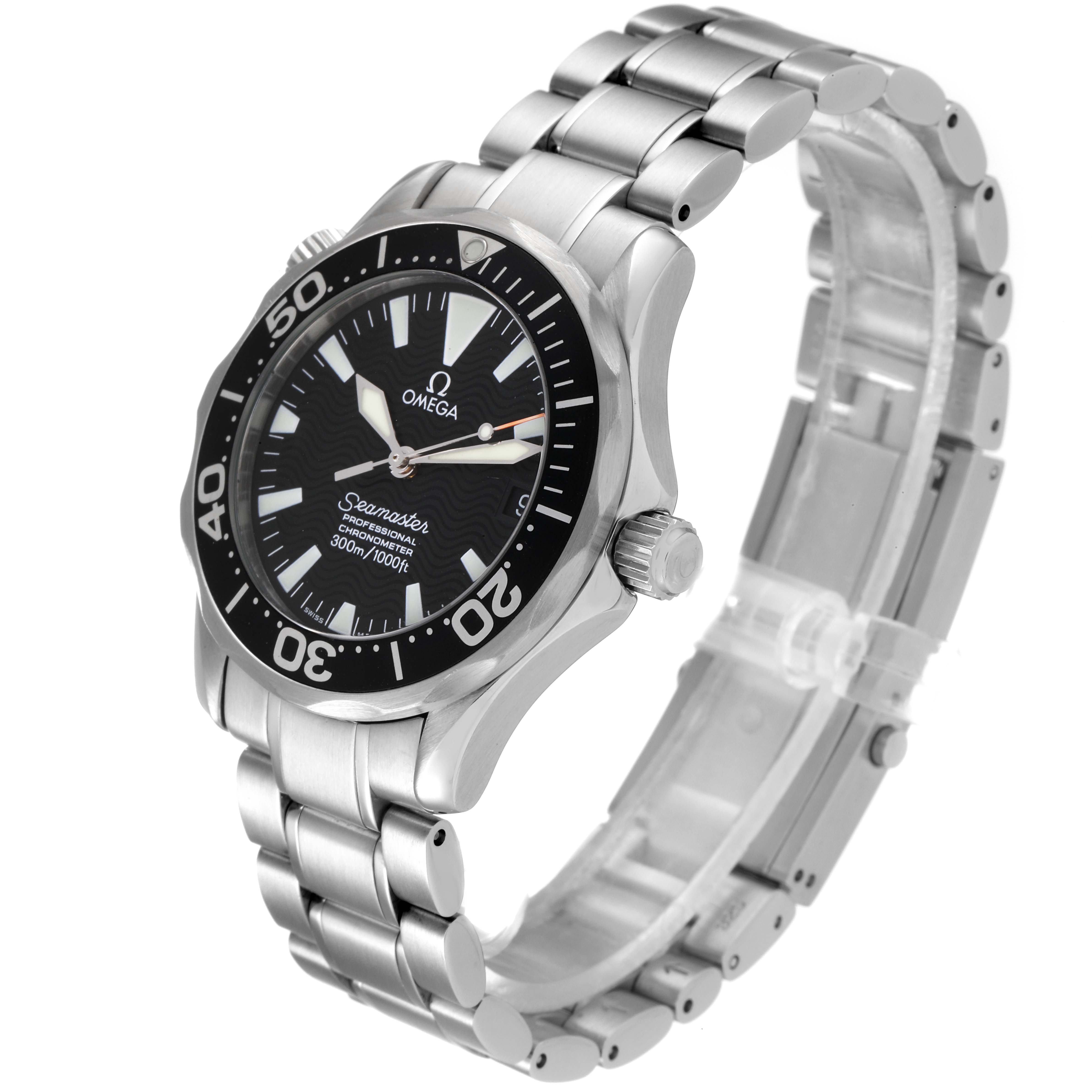 The Omega Seamaster 2252.50.00 Men's Stainless Steel Black Dial 2252.50.00 Men's Stainless Steel Black Dial watch is shown at an angle highlighting its face, bezel, crown, and bracelet.