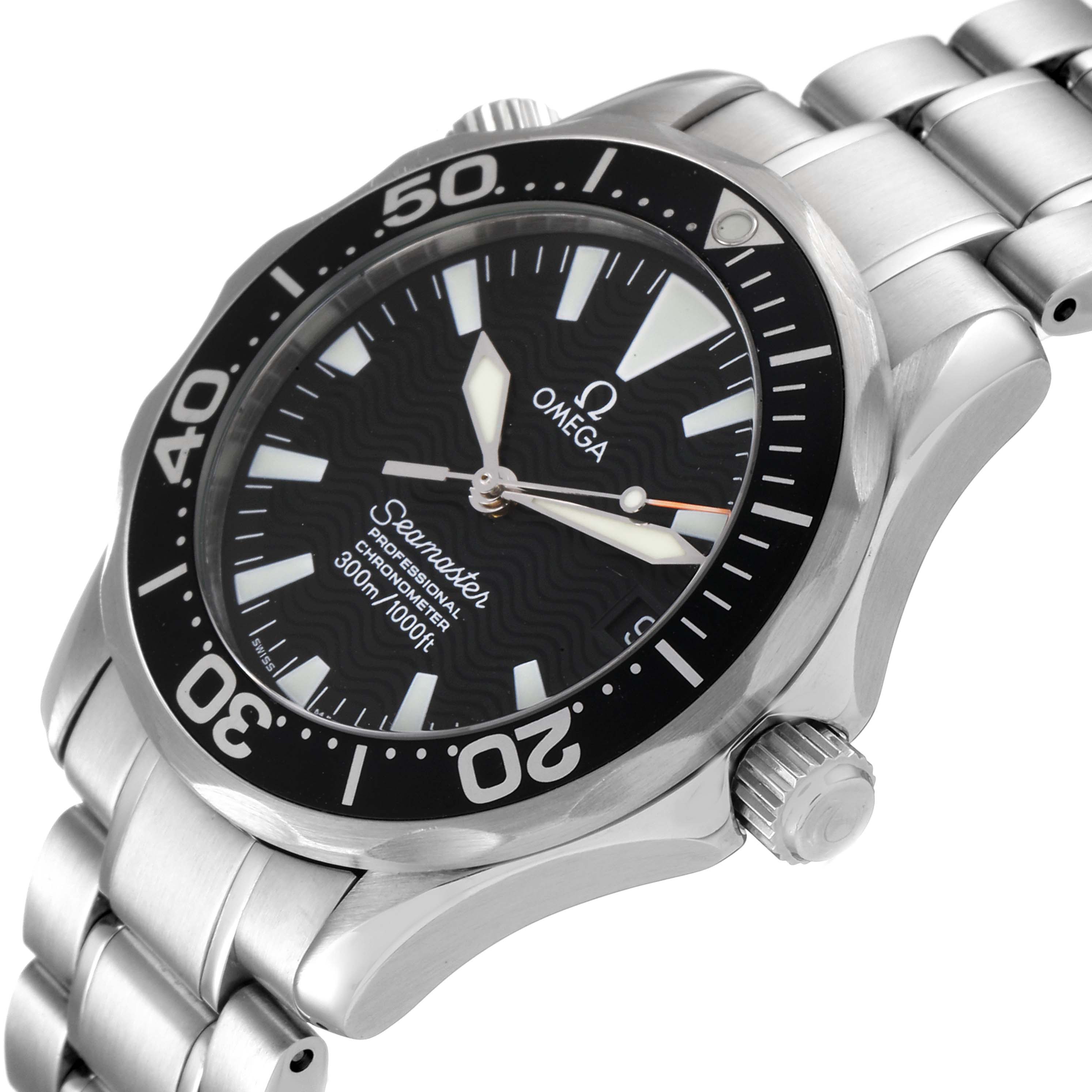 The image shows an angled view of the Omega Seamaster 2252.50.00 Men's Stainless Steel Black Dial 2252.50.00 Men's Stainless Steel Black Dial watch, displaying the face, bezel, hands, crown, and part of the bracelet.