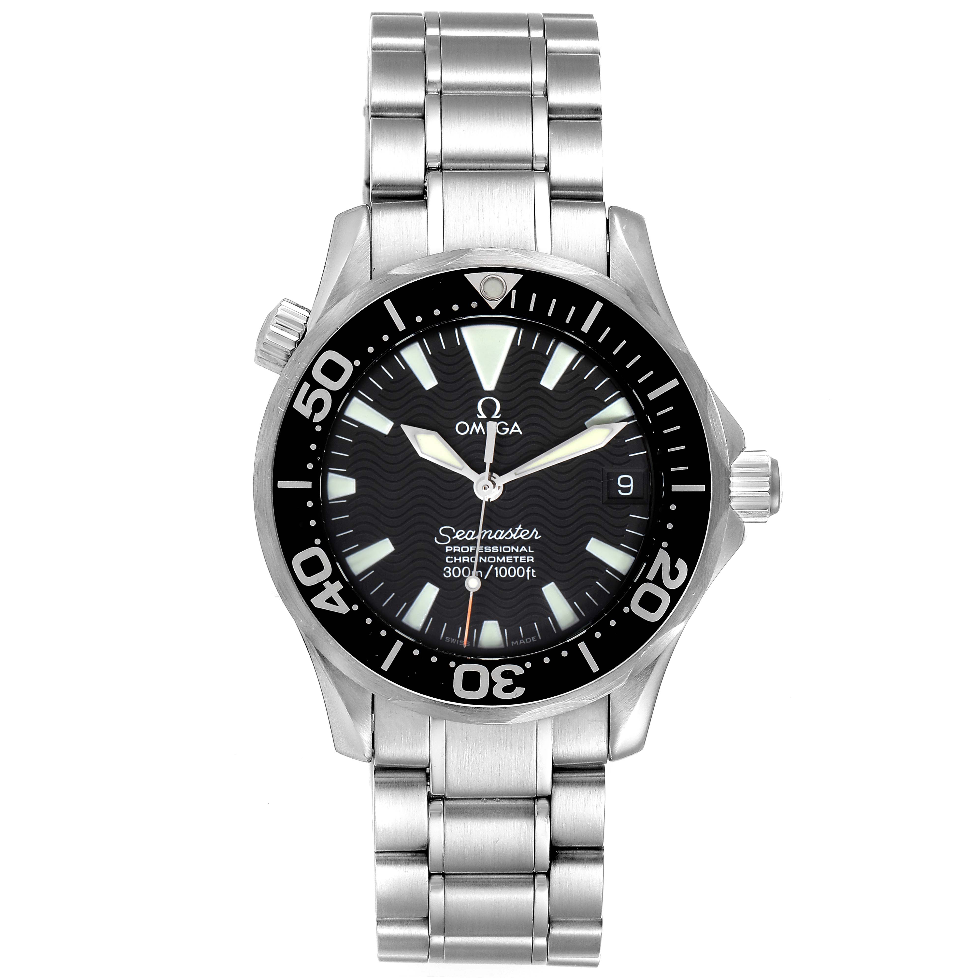 The Omega Seamaster 2252.50.00 Men's Stainless Steel Black Dial 2252.50.00 Men's Stainless Steel Black Dial watch is shown from a front angle, highlighting its face, bezel, and stainless steel bracelet.