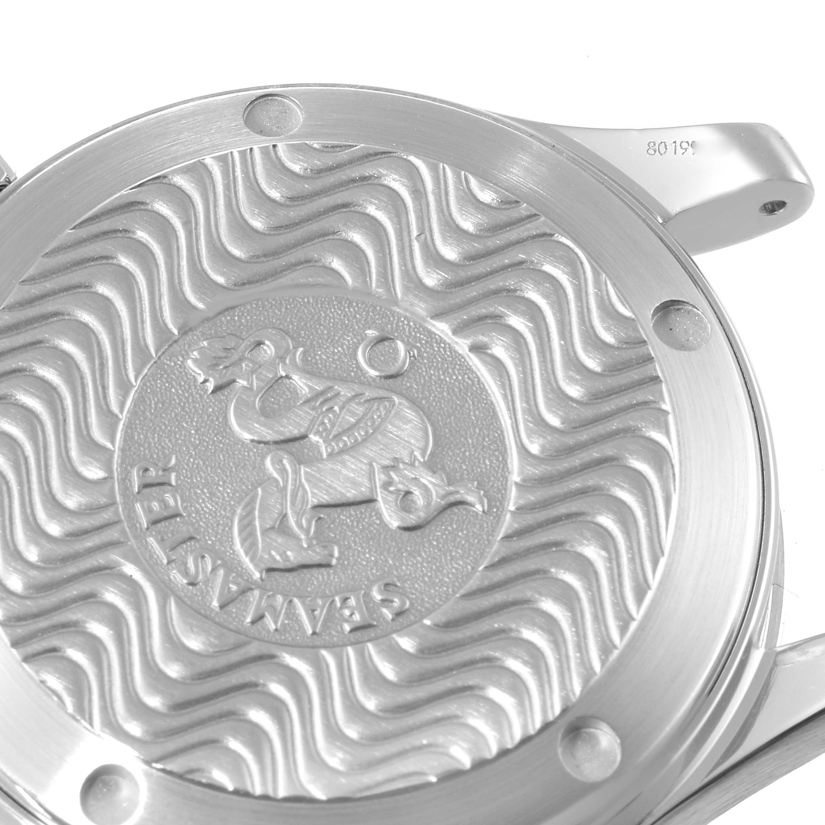 The image shows the case back of an Omega Seamaster 2252.50.00 Men's Stainless Steel Black Dial 2252.50.00 Men's Stainless Steel Black Dial, highlighting its signature engravings and detailed design.