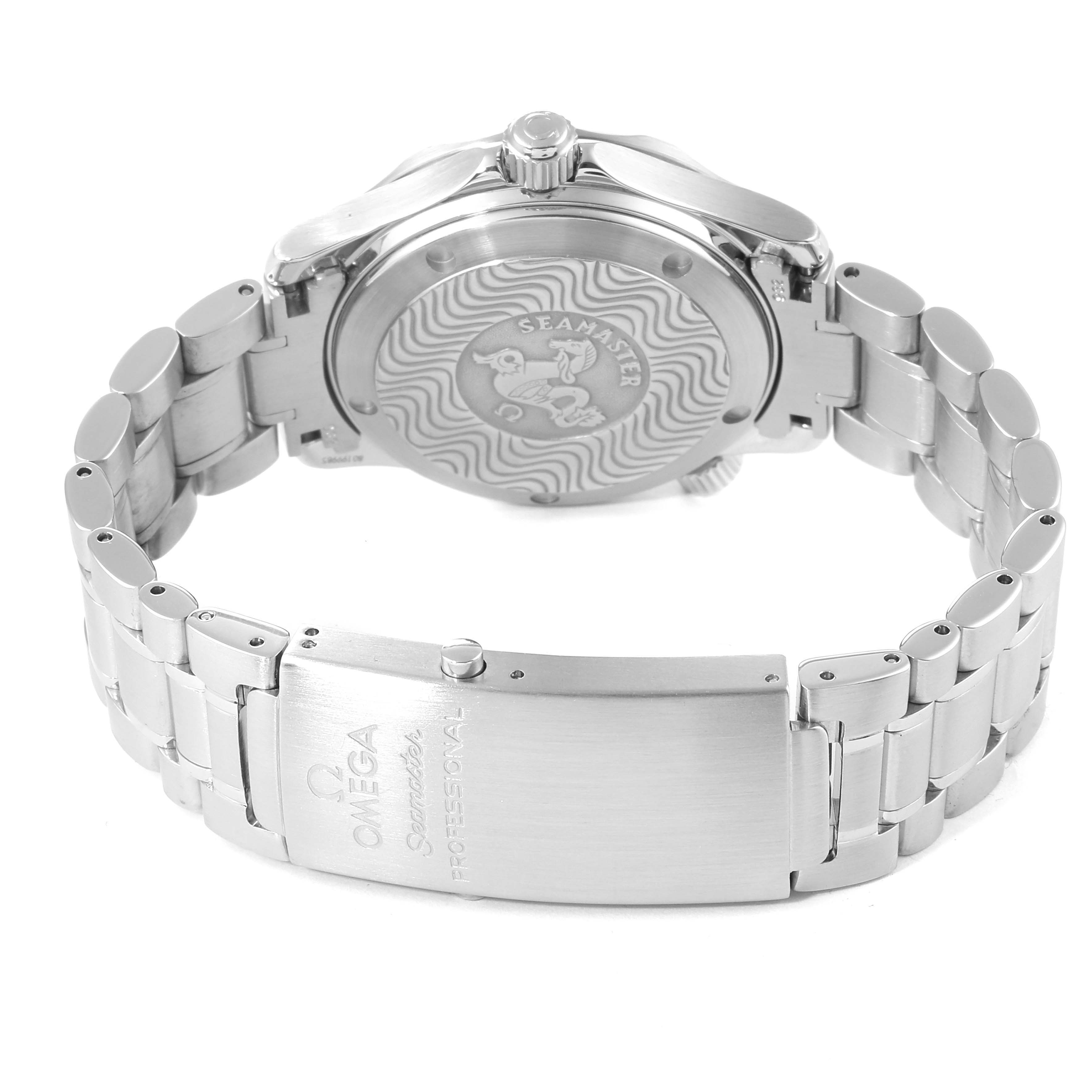 The image shows the back case and clasp of an Omega Seamaster 2252.50.00 Men's Stainless Steel Black Dial 2252.50.00 Men's Stainless Steel Black Dial watch, including the bracelet and case back engraving.