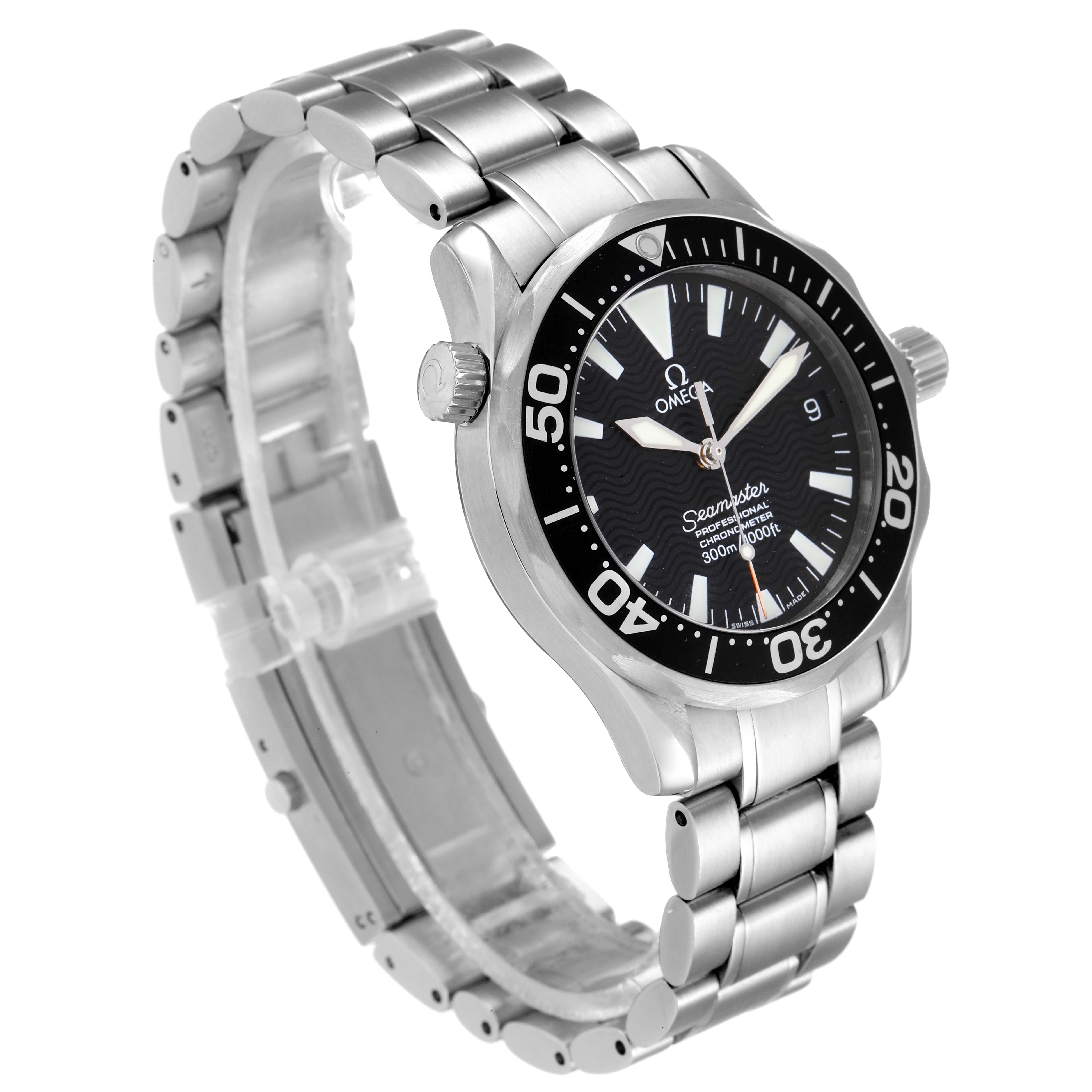 The image shows a side angle of the Omega Seamaster 2252.50.00 Men's Stainless Steel Black Dial 2252.50.00 Men's Stainless Steel Black Dial watch focusing on the face, bezel, and stainless steel bracelet.