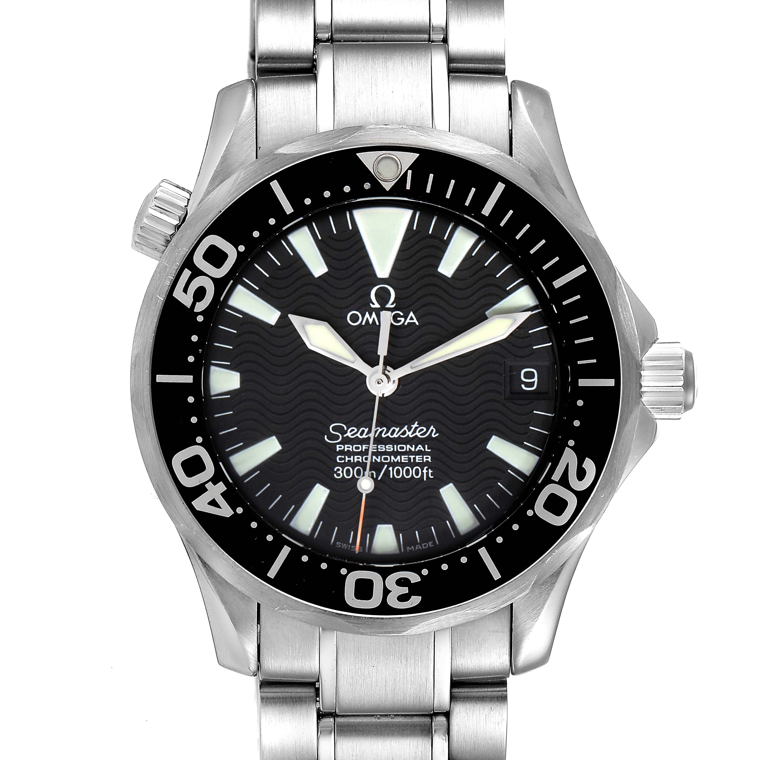 The image shows a front view of the Omega Seamaster 2252.50.00 Men's Stainless Steel Black Dial 2252.50.00 Men's Stainless Steel Black Dial watch, highlighting its dial, bezel, crown, and stainless steel bracelet.