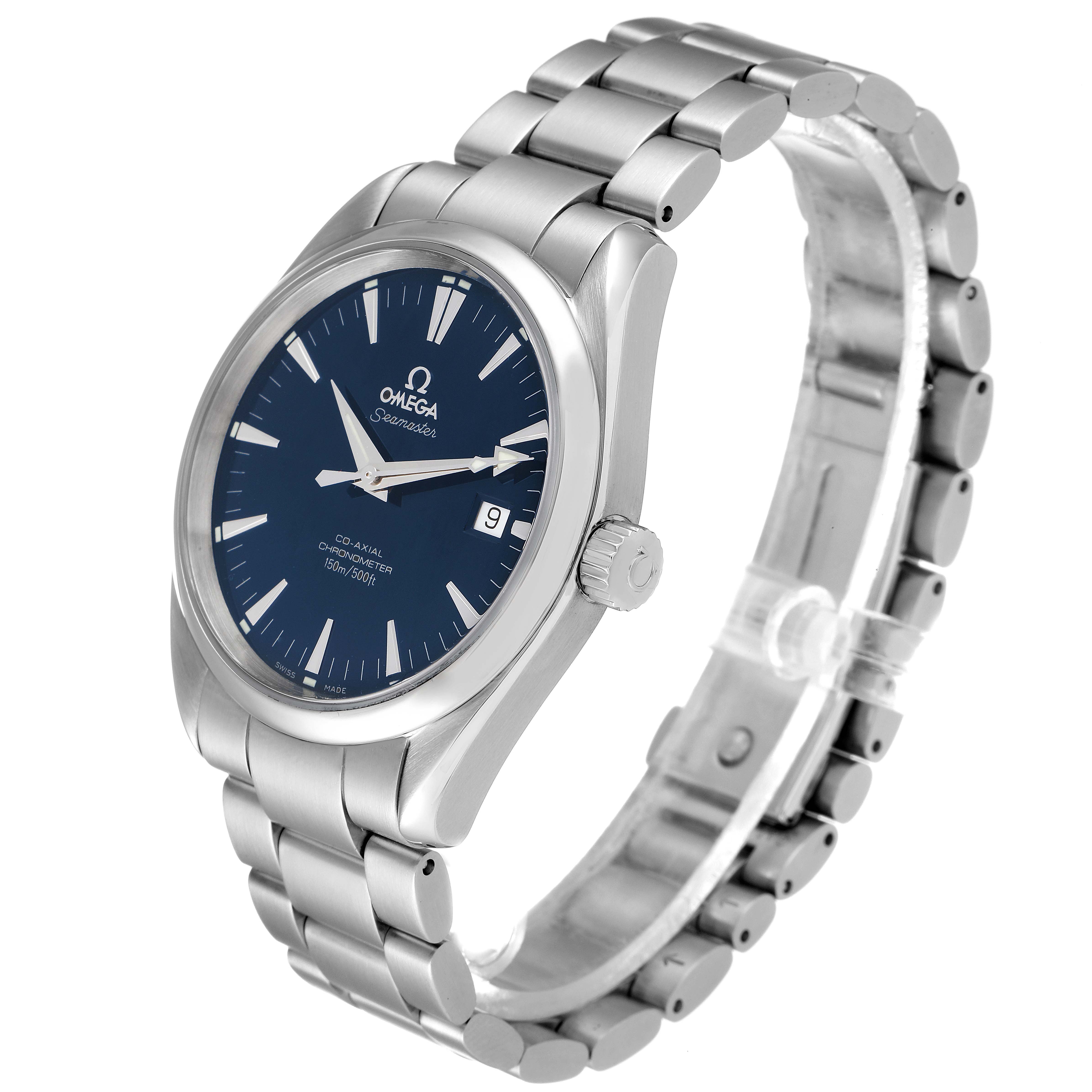The image shows a side angle of the Omega Aqua Terra 2503.80.00 Men
s Stainless Steel Blue Dial 2503.80.00 Men
s Stainless Steel Blue Dial watch, highlighting the face, bezel, crown, and metal band.