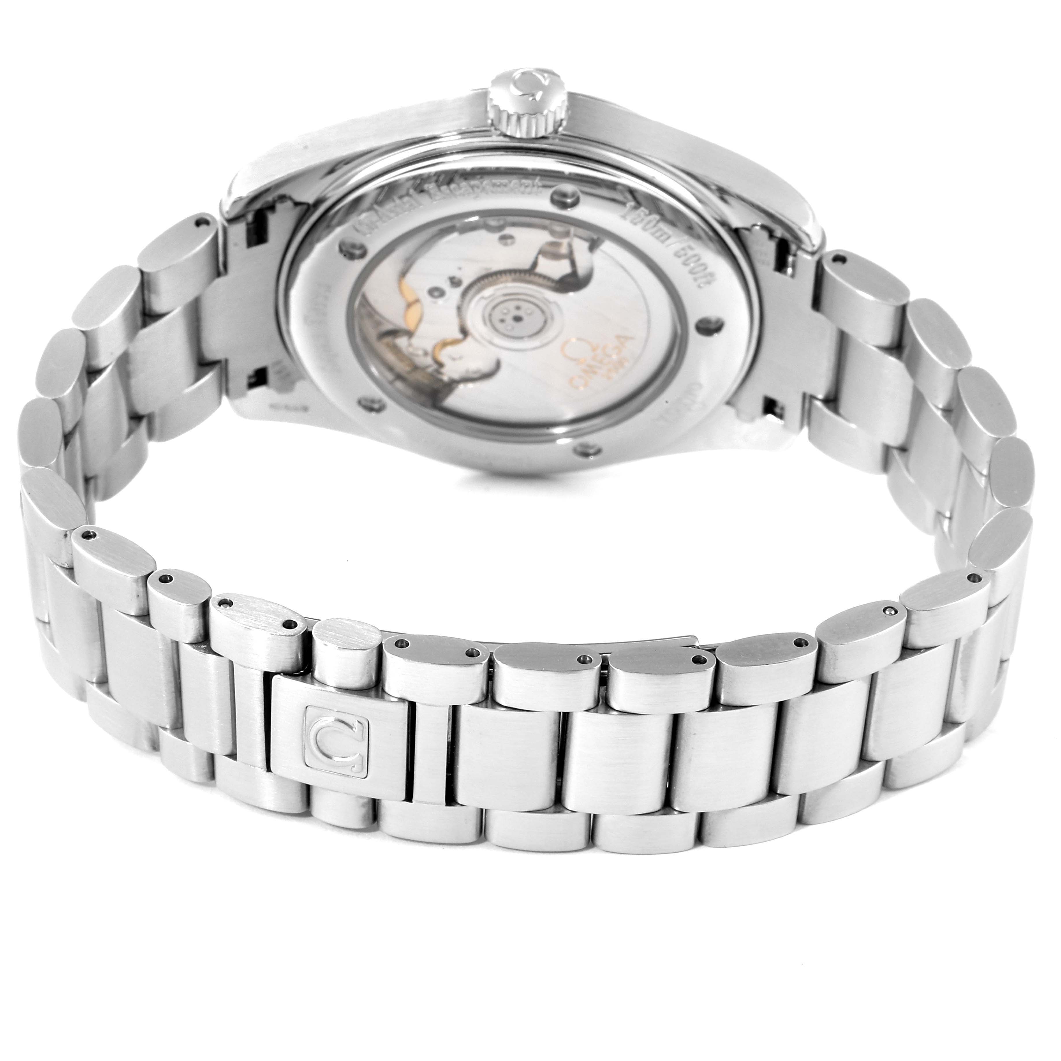 The image shows the back and bracelet of an Omega Aqua Terra 2503.80.00 Men
s Stainless Steel Blue Dial 2503.80.00 Men
s Stainless Steel Blue Dial watch, highlighting the visible movement and clasp.