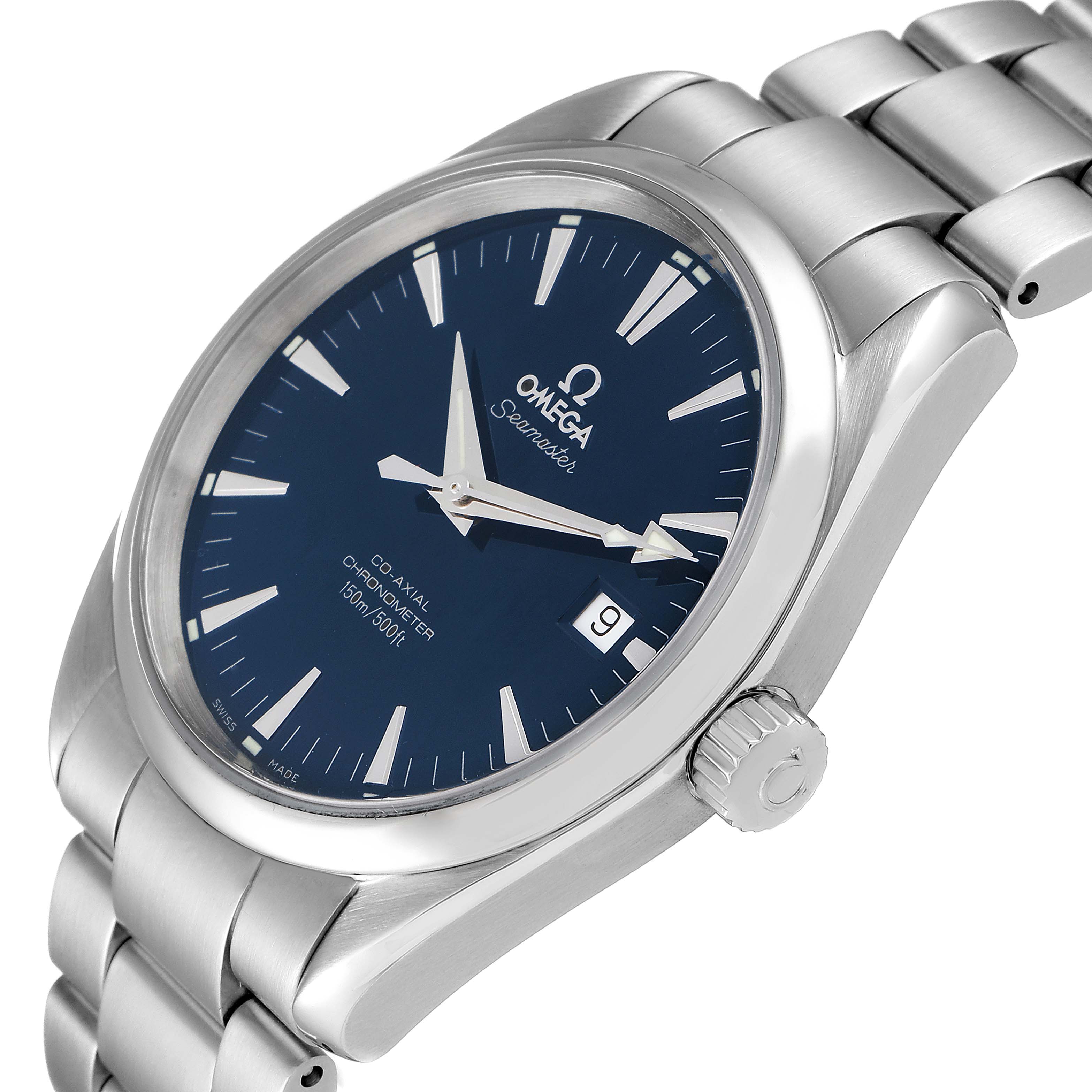 This image shows the Omega Aqua Terra 2503.80.00 Men
s Stainless Steel Blue Dial 2503.80.00 Men
s Stainless Steel Blue Dial watch at an angle highlighting the face, crown, and stainless steel bracelet.