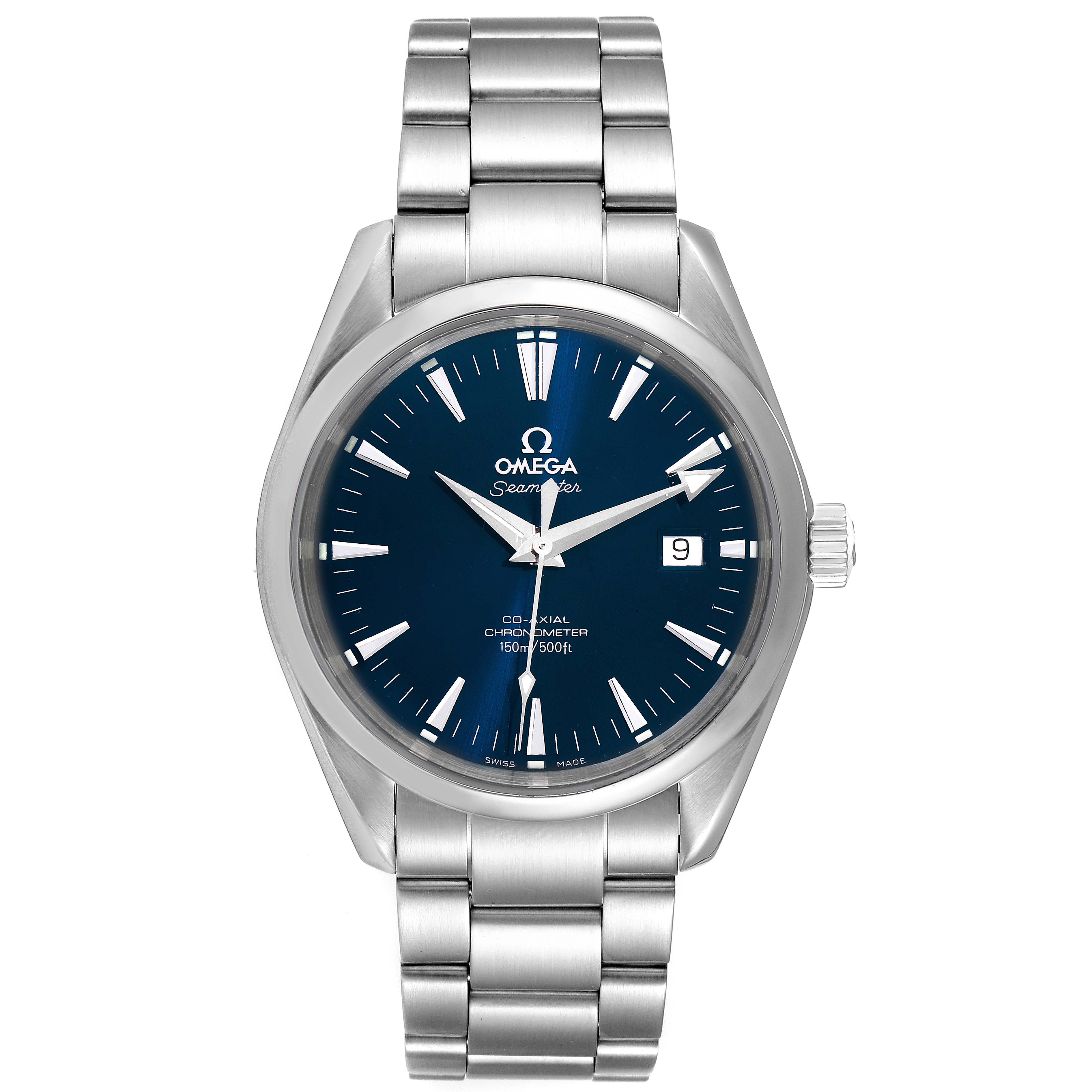 This image shows the front of an Omega Aqua Terra 2503.80.00 Men
s Stainless Steel Blue Dial 2503.80.00 Men
s Stainless Steel Blue Dial watch, displaying its face, hands, bracelet, and crown.