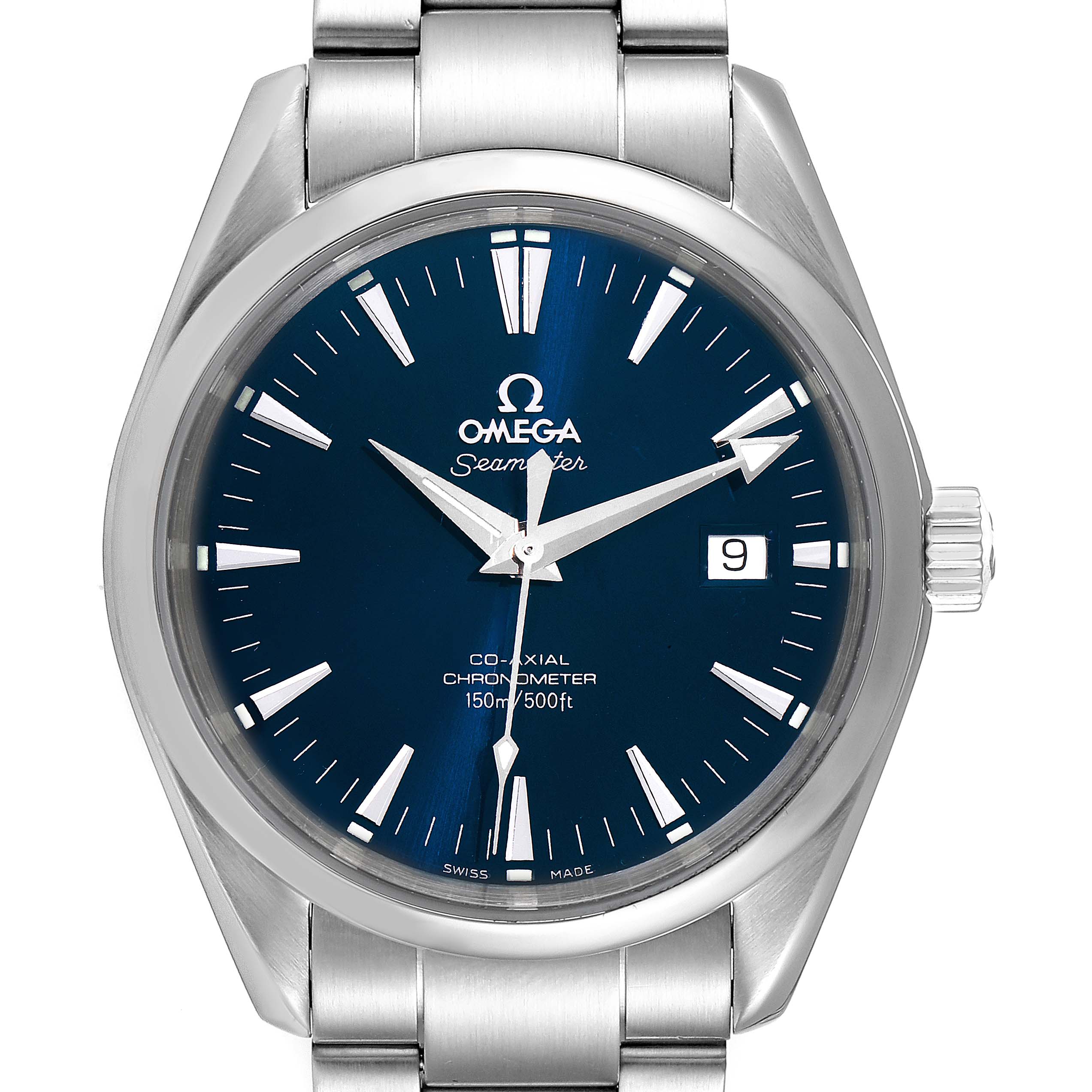 A front view of the Omega Aqua Terra 2503.80.00 Men
s Stainless Steel Blue Dial 2503.80.00 Men
s Stainless Steel Blue Dial watch, showing the dial, hands, date window, and part of the bracelet.