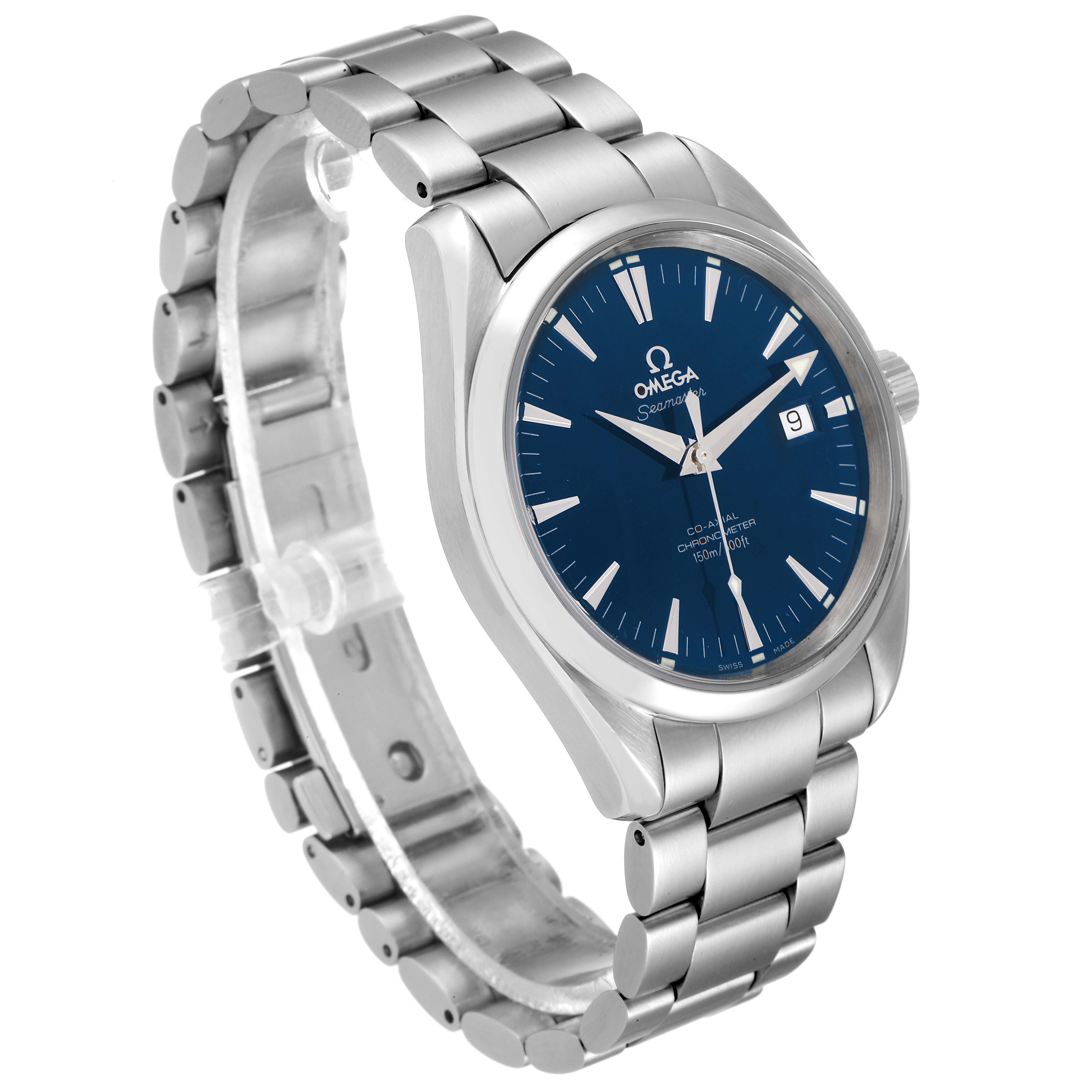 The Omega Aqua Terra 2503.80.00 Men
s Stainless Steel Blue Dial 2503.80.00 Men
s Stainless Steel Blue Dial watch is shown at a slight angle displaying the face, bracelet, and side crown.