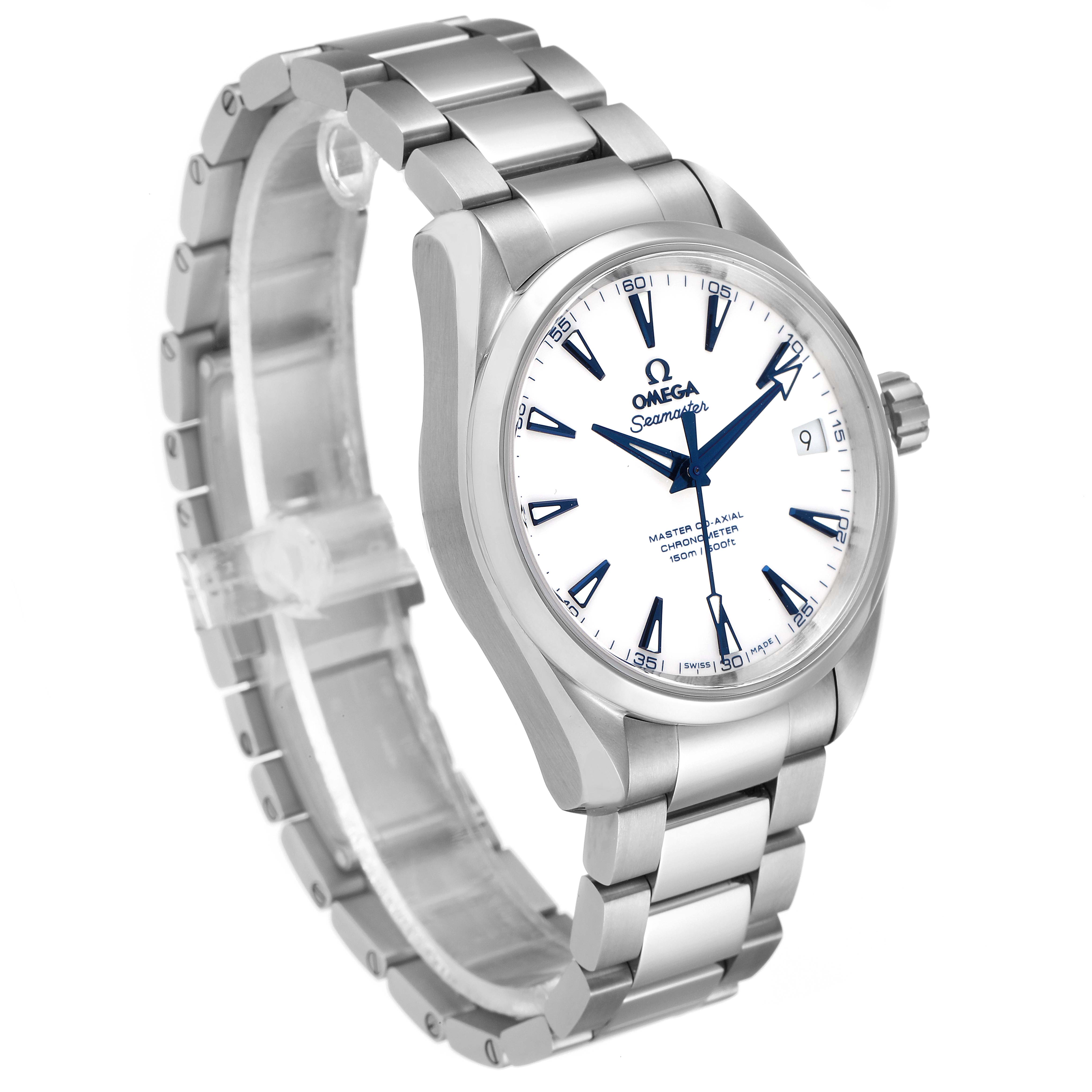 The Omega Aqua Terra 231.90.39.21.04.001 Men's Titanium White Dial 231.90.39.21.04.001 Men's Titanium White Dial watch is shown at a three-quarter angle displaying its white dial, blue hands, and metal bracelet.