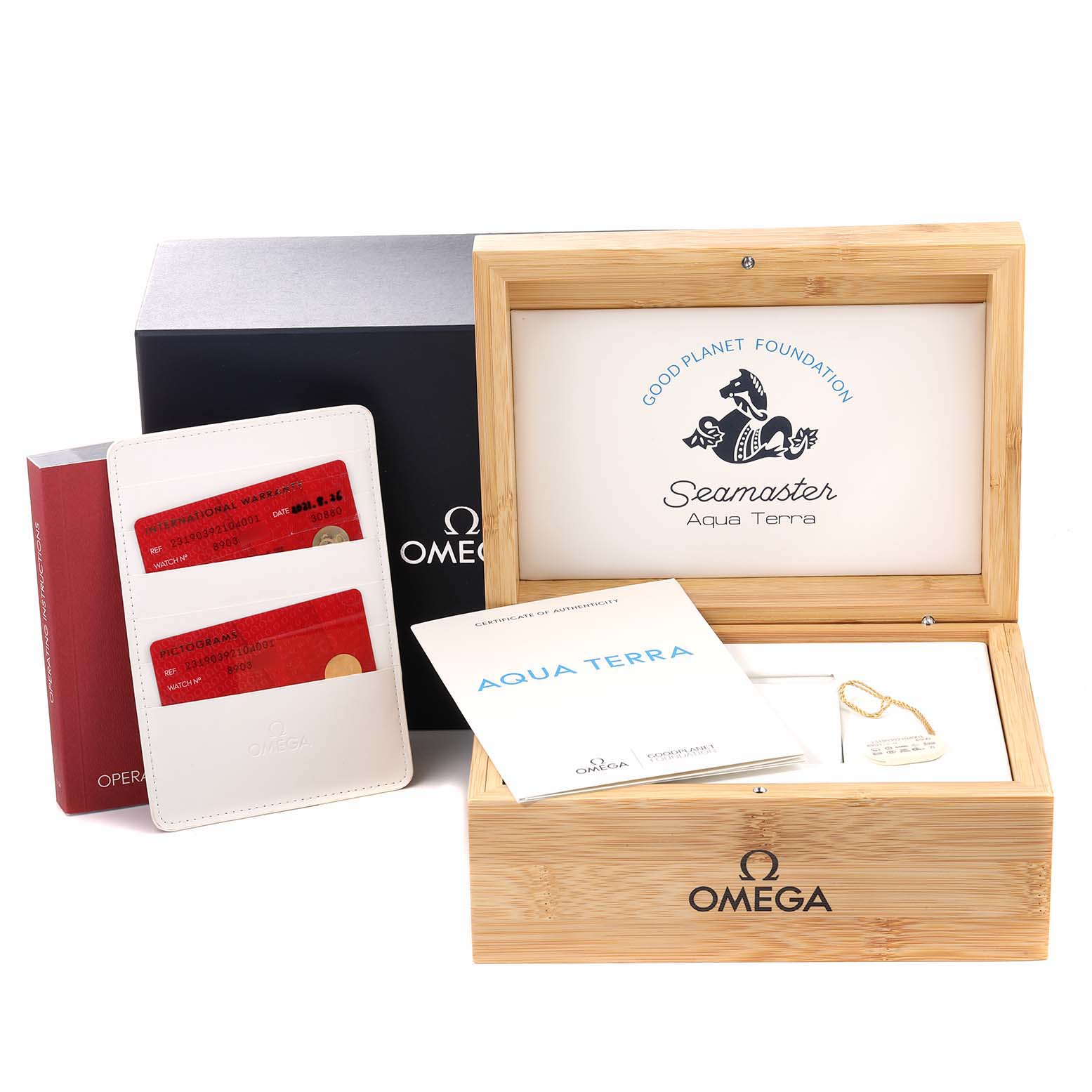 The image shows the packaging and accessories for the Omega Aqua Terra 231.90.39.21.04.001 Men's Titanium White Dial 231.90.39.21.04.001 Men's Titanium White Dial model, including a wooden box, documents, and cards.