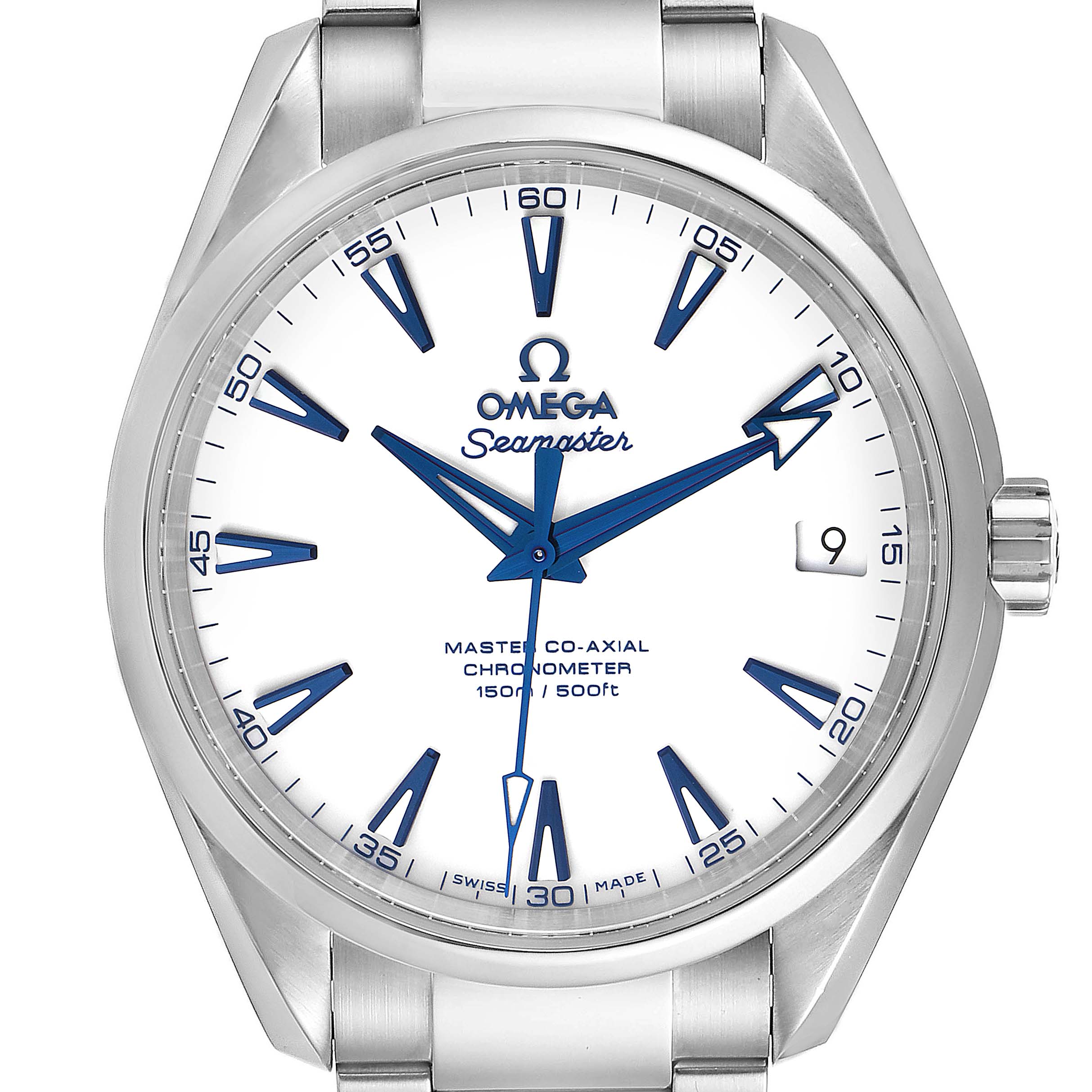 This image shows a front view of the Omega Aqua Terra 231.90.39.21.04.001 Men's Titanium White Dial 231.90.39.21.04.001 Men's Titanium White Dial watch, highlighting the face, hands, date display, and part of the metal bracelet.