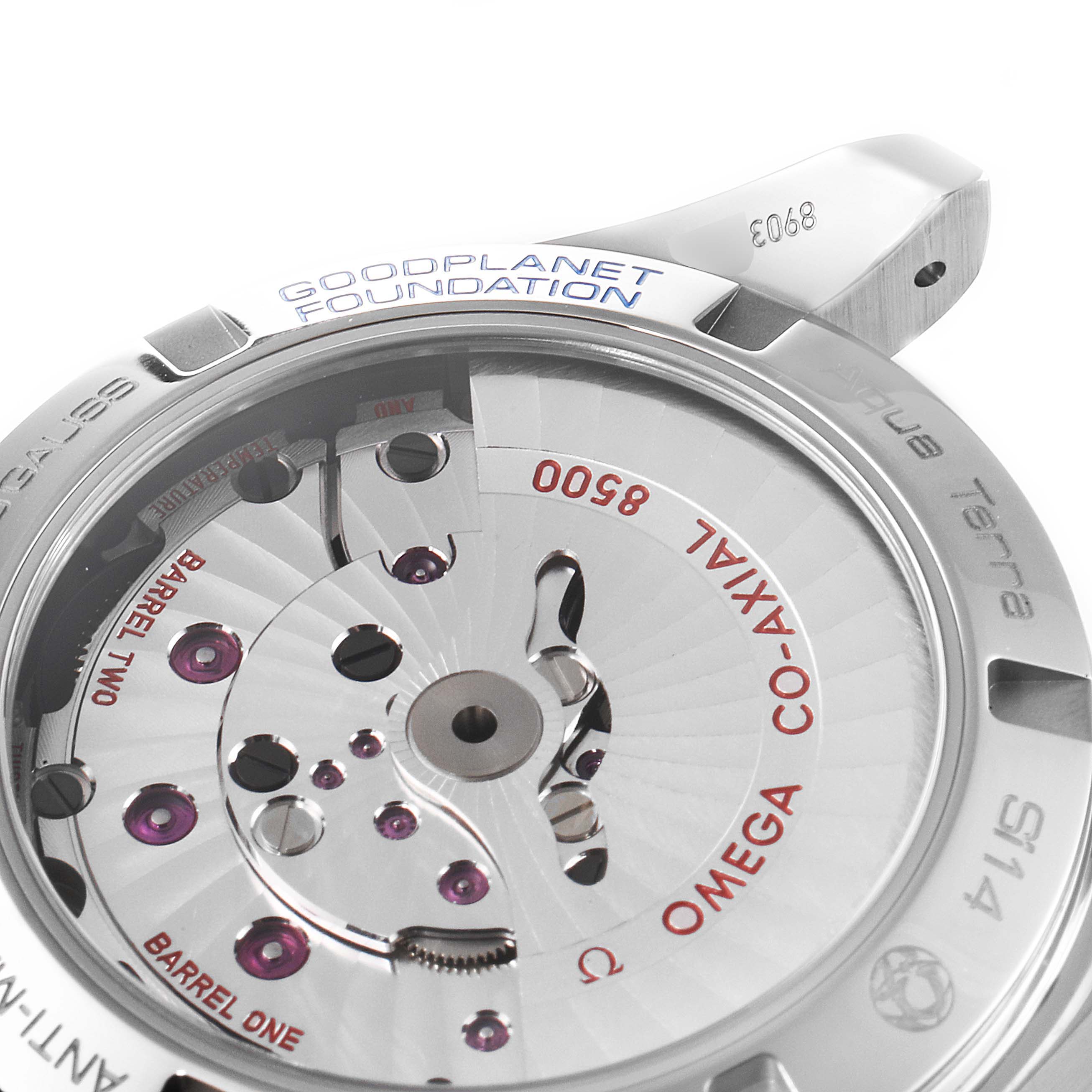 This image shows the back of the Omega Aqua Terra 231.90.39.21.04.001 Men's Titanium White Dial 231.90.39.21.04.001 Men's Titanium White Dial watch, revealing its Co-Axial 8500 movement and mechanism details.