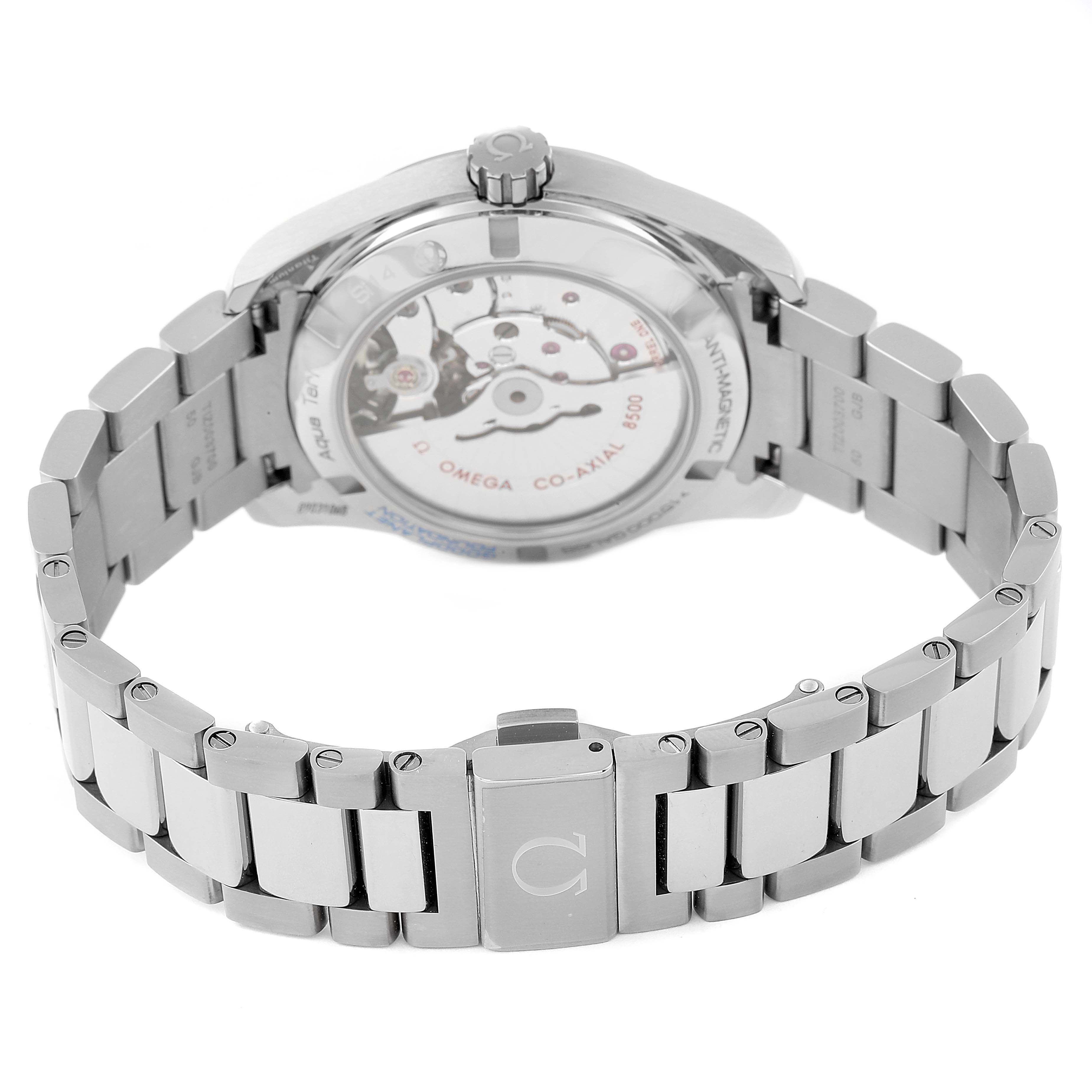 The image shows the back view of the Omega Aqua Terra 231.90.39.21.04.001 Men's Titanium White Dial 231.90.39.21.04.001 Men's Titanium White Dial watch, highlighting the clasp, metal bracelet, and transparent case back.