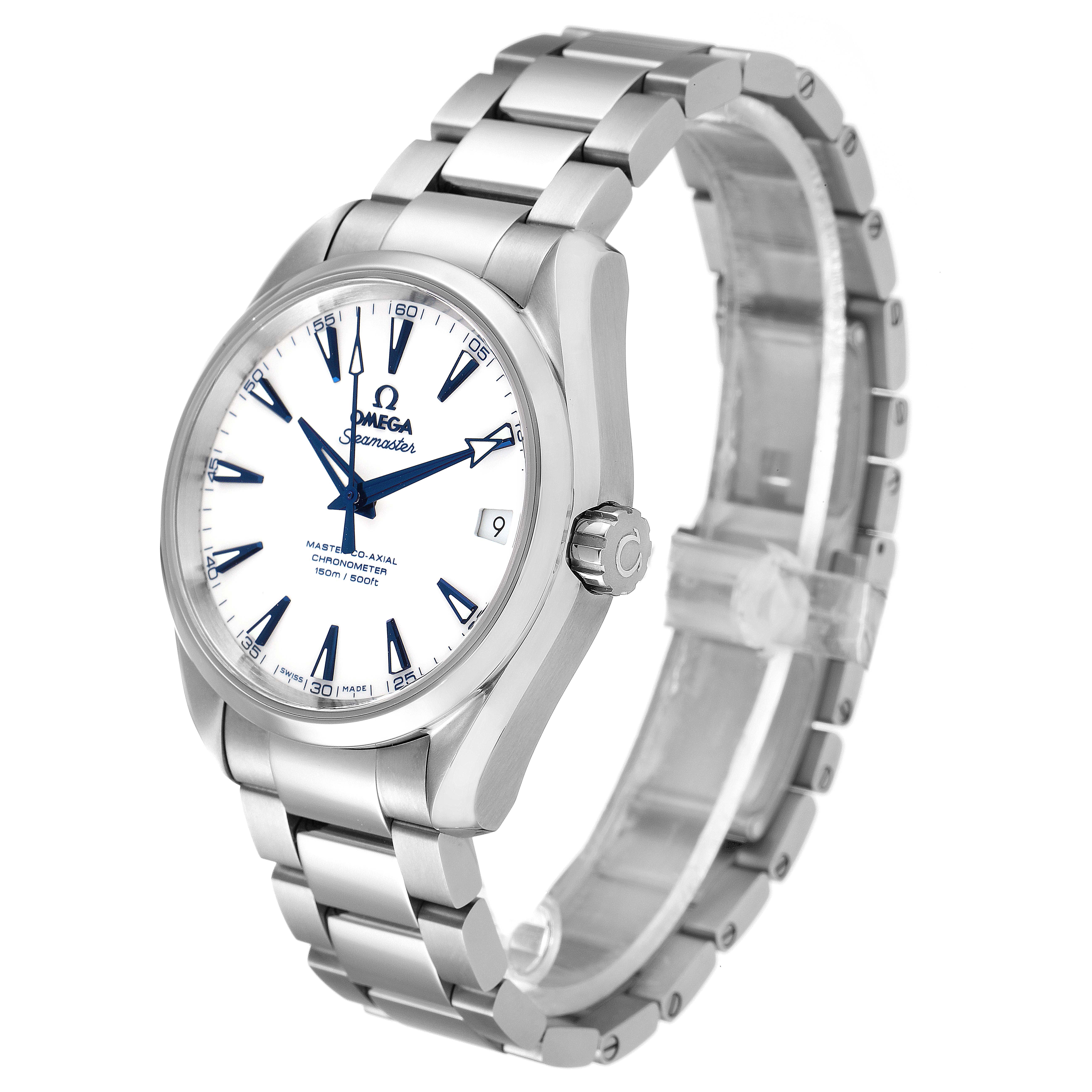 The image shows an Omega Aqua Terra 231.90.39.21.04.001 Men's Titanium White Dial 231.90.39.21.04.001 Men's Titanium White Dial watch at a three-quarter angle, highlighting its face, crown, and stainless steel bracelet.