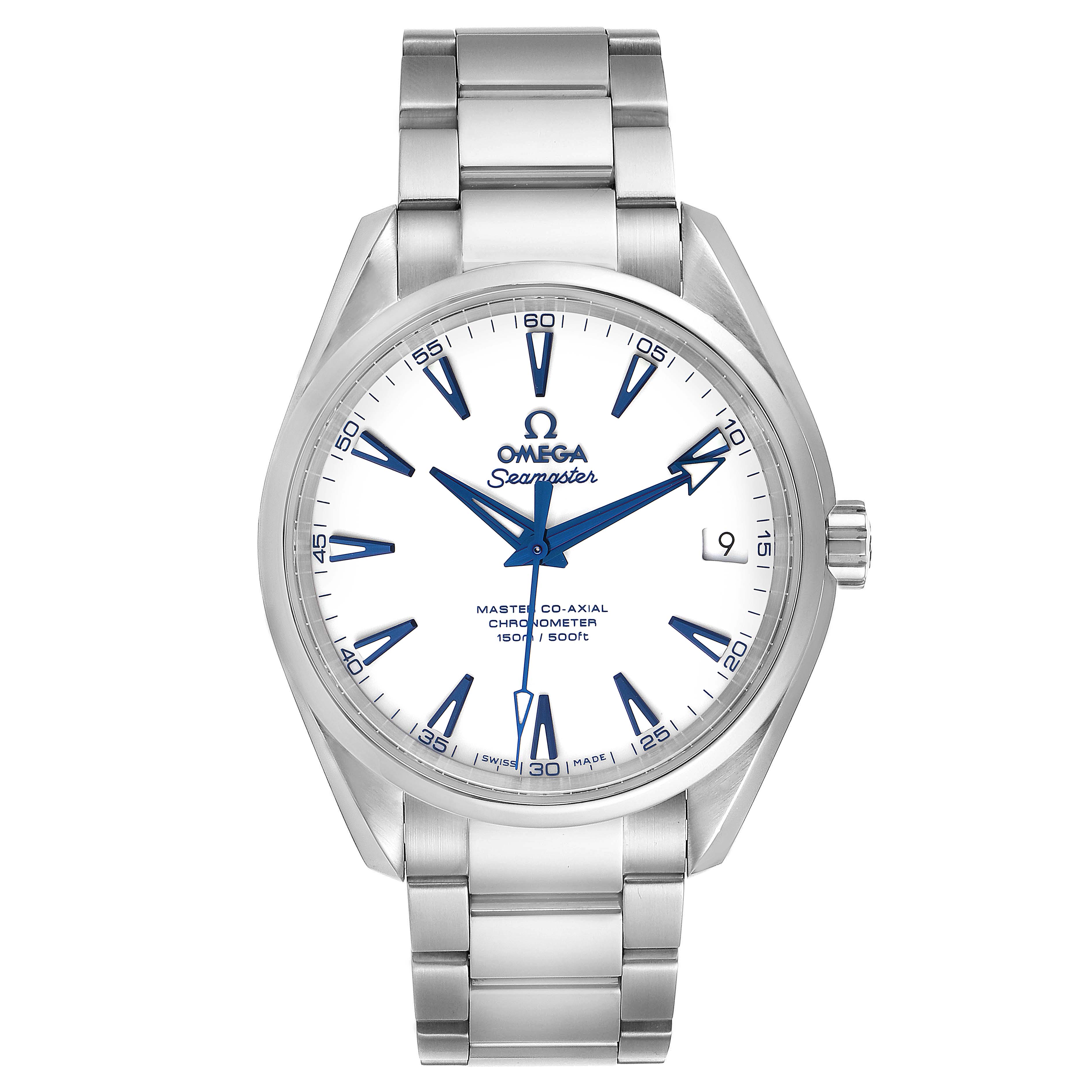 The Omega Aqua Terra 231.90.39.21.04.001 Men's Titanium White Dial 231.90.39.21.04.001 Men's Titanium White Dial watch is shown from a front angle, displaying the face, bezel, crown, and bracelet.