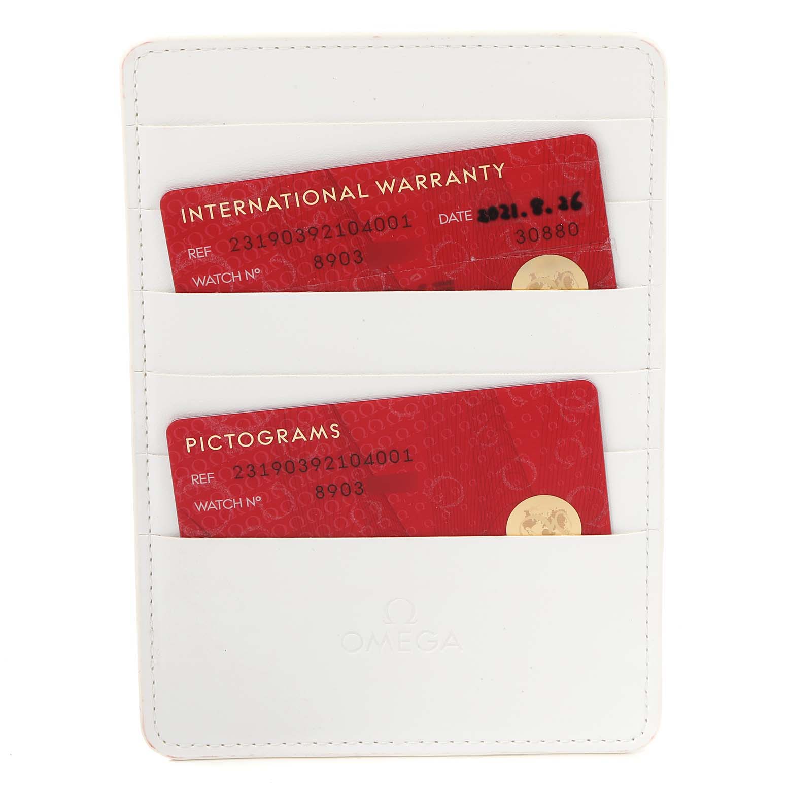 This image shows the international warranty and pictograms cards for the Omega Aqua Terra 231.90.39.21.04.001 Men's Titanium White Dial 231.90.39.21.04.001 Men's Titanium White Dial model in a white cardholder.