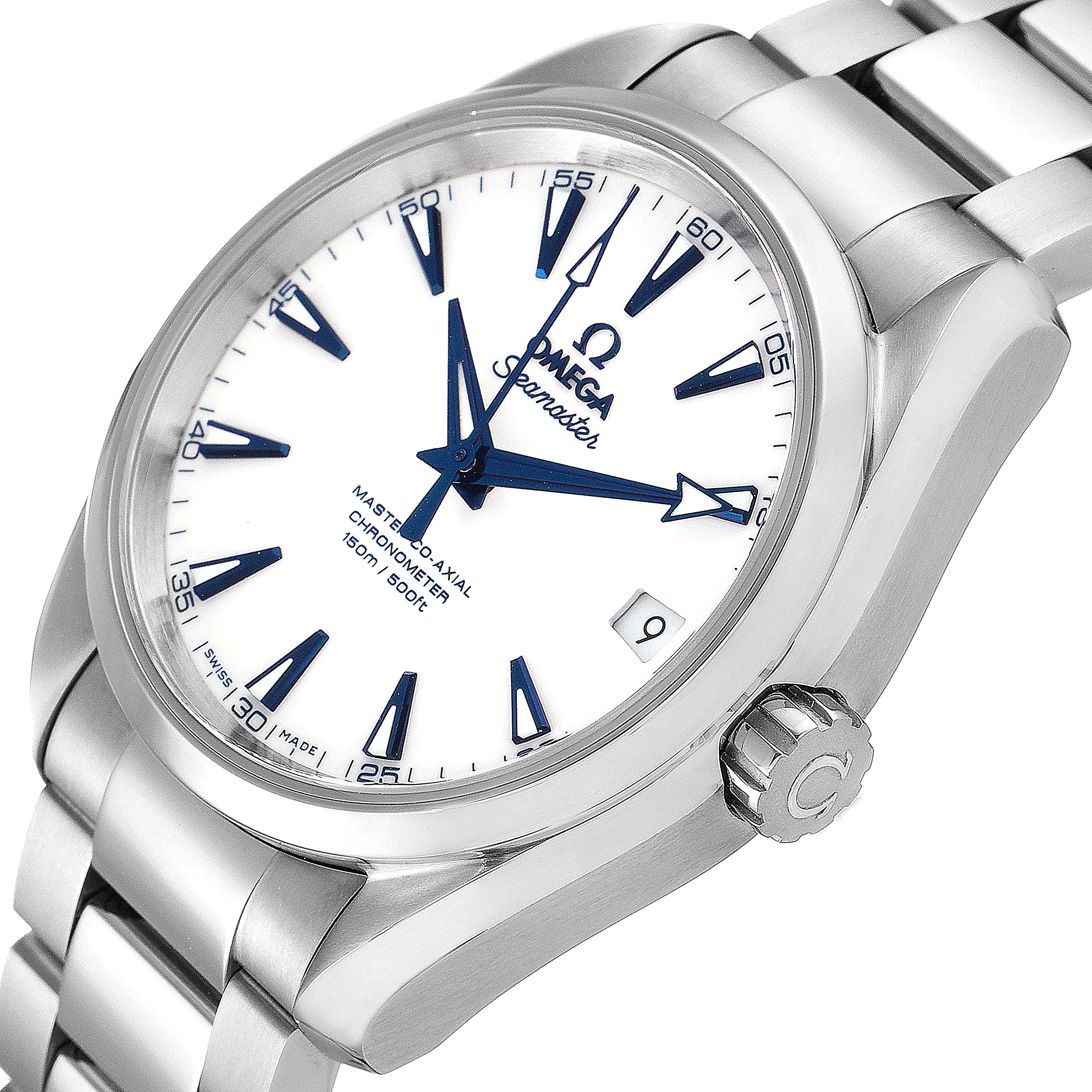 The image shows an angled close-up of an Omega Aqua Terra 231.90.39.21.04.001 Men's Titanium White Dial 231.90.39.21.04.001 Men's Titanium White Dial watch, highlighting the dial, crown, and part of the bracelet.