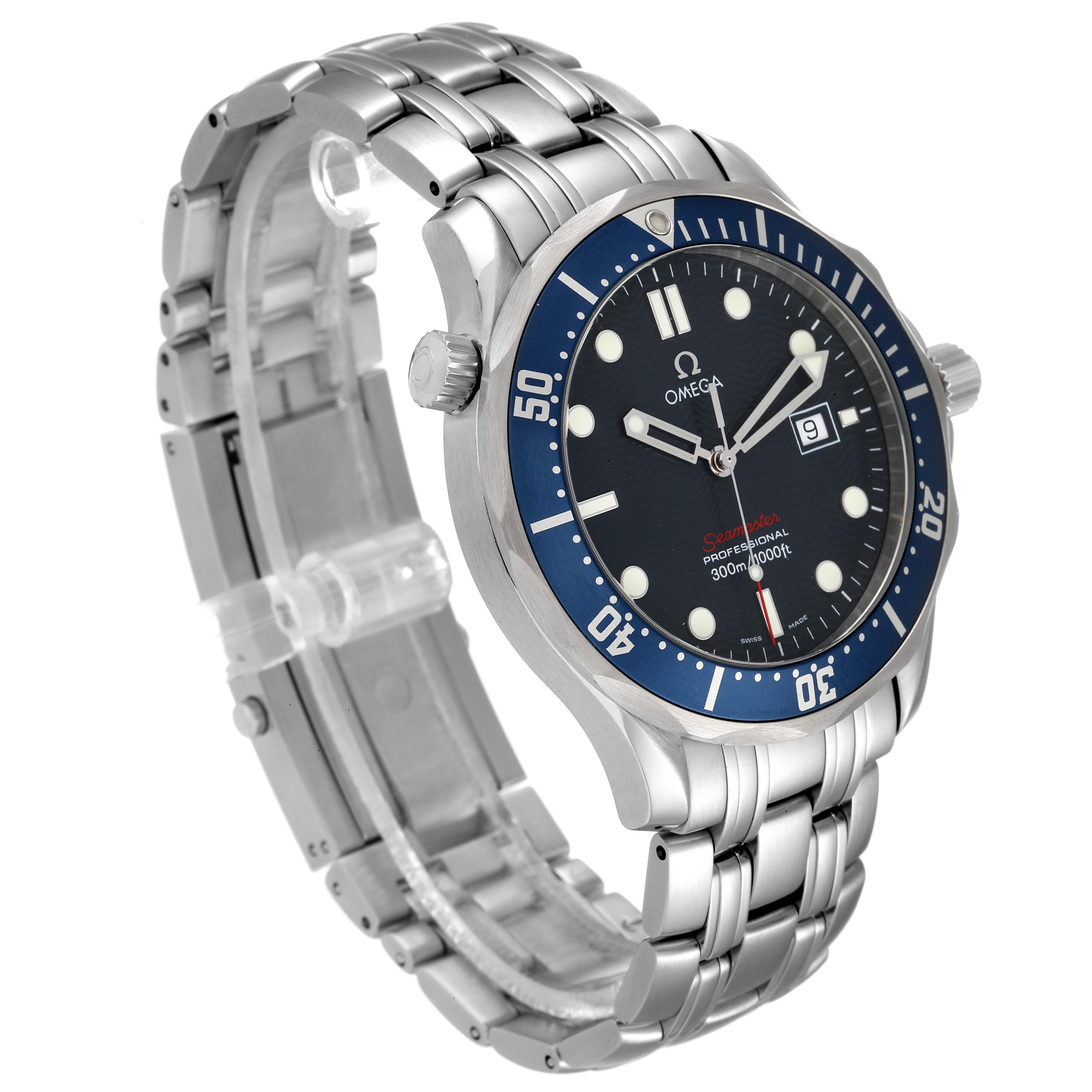 The image shows an Omega Seamaster 2221.80.00 Men's Stainless Steel Blue Dial 2221.80.00 Men's Stainless Steel Blue Dial watch at an angle that highlights its face, bezel, crown, and stainless steel bracelet.