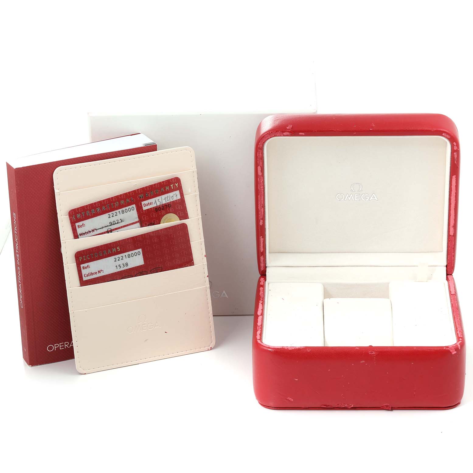 The image shows the box, warranty cards, and identification card holder for an Omega Seamaster 2221.80.00 Men's Stainless Steel Blue Dial 2221.80.00 Men's Stainless Steel Blue Dial watch.