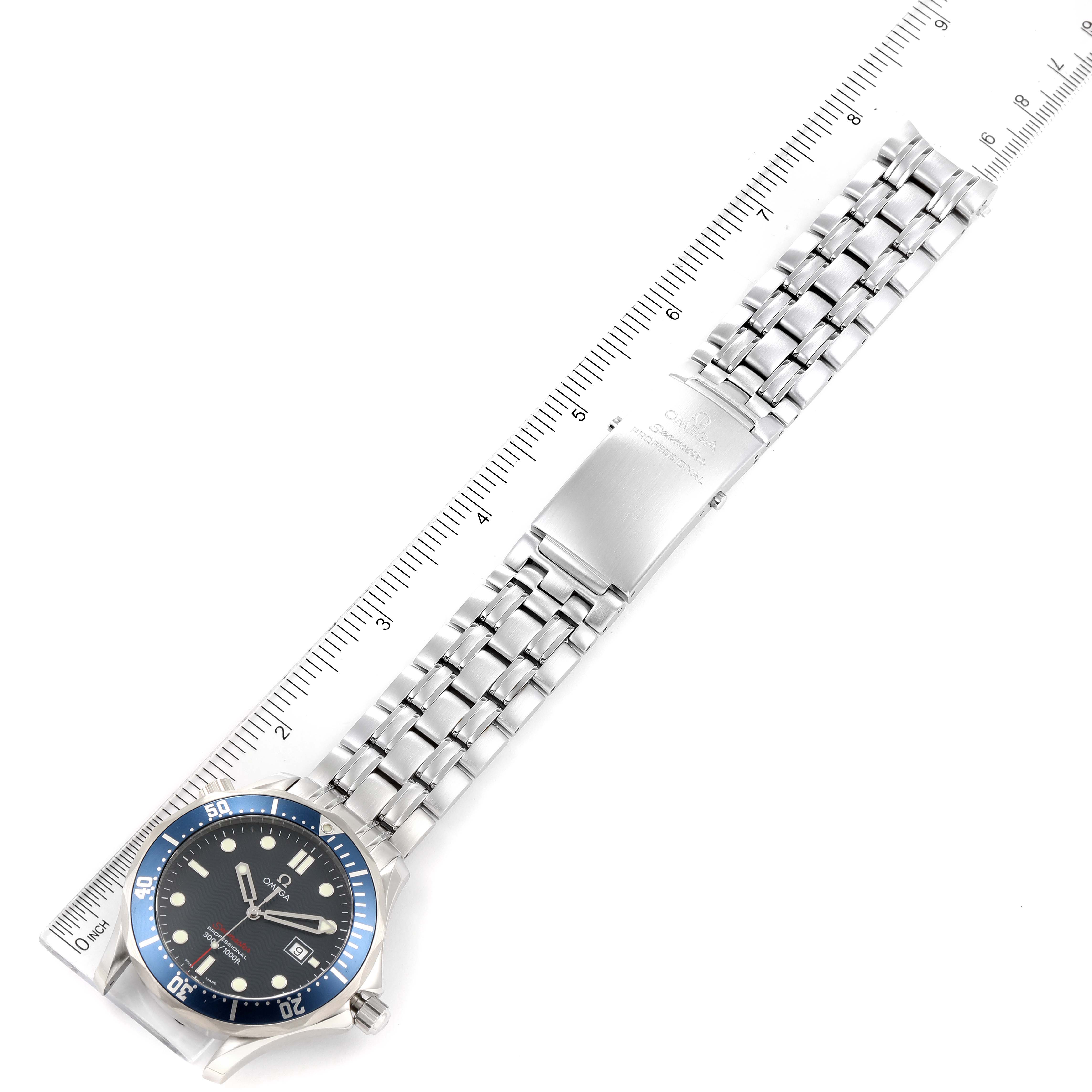 The Omega Seamaster 2221.80.00 Men's Stainless Steel Blue Dial 2221.80.00 Men's Stainless Steel Blue Dial watch is shown laid flat with its face, bezel, and full metal bracelet visible.